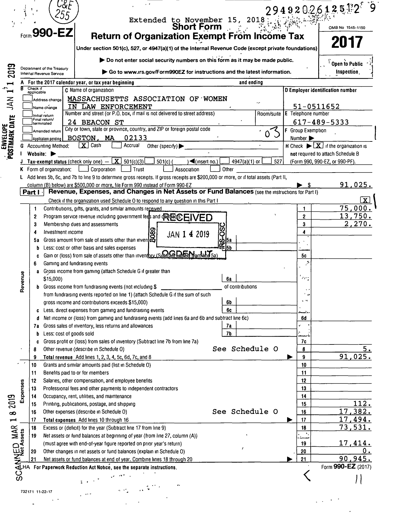 Image of first page of 2017 Form 990EZ for Massachusetts Association of Women in Law Enforcement