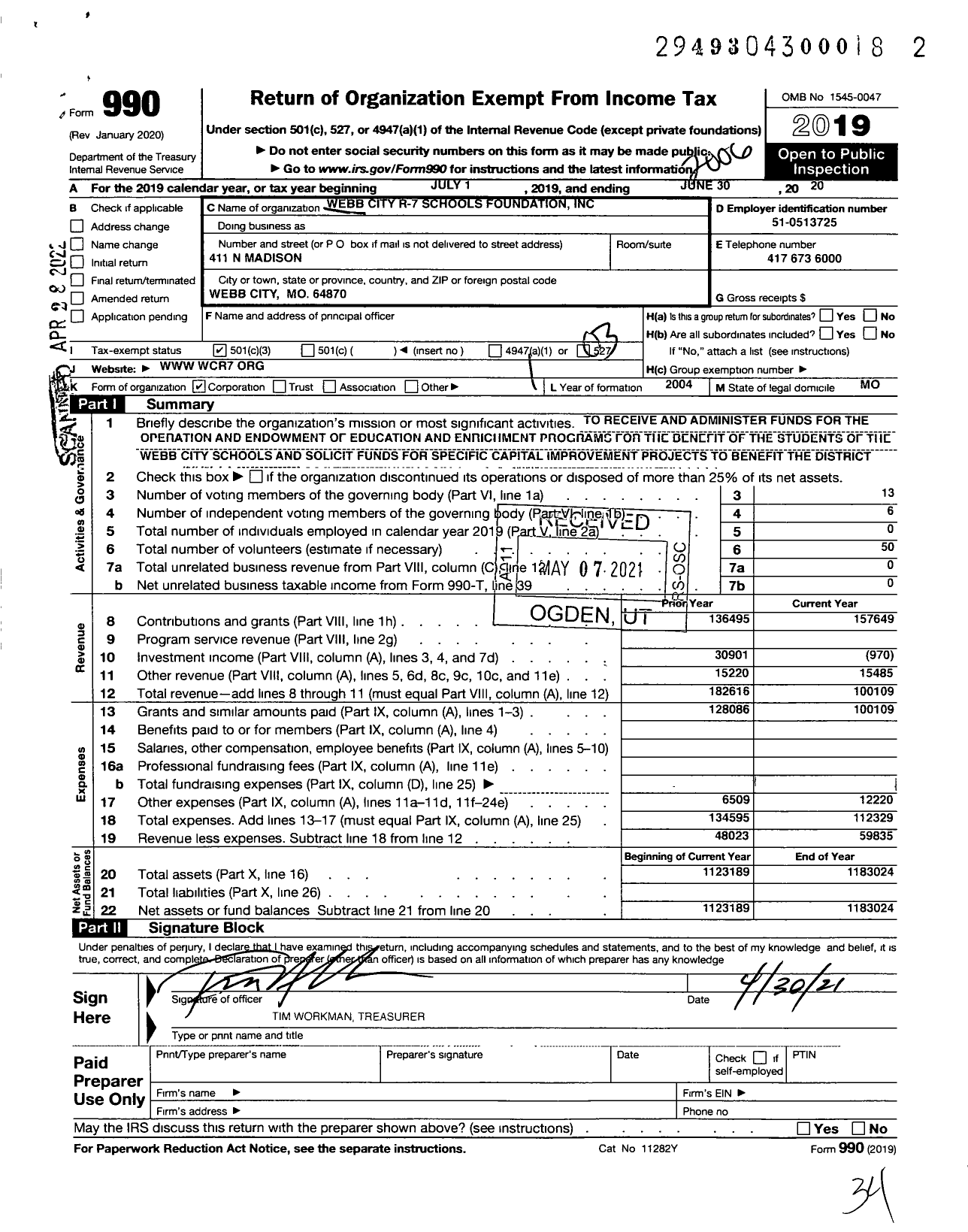 Image of first page of 2019 Form 990 for Webb City R-7 Schools Foundation