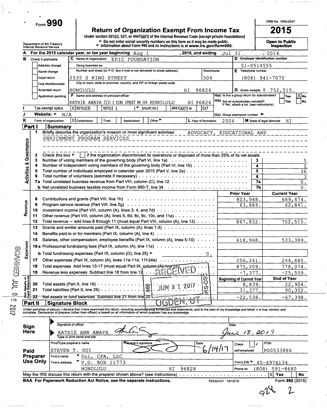 Image of first page of 2015 Form 990 for Epic Foundation