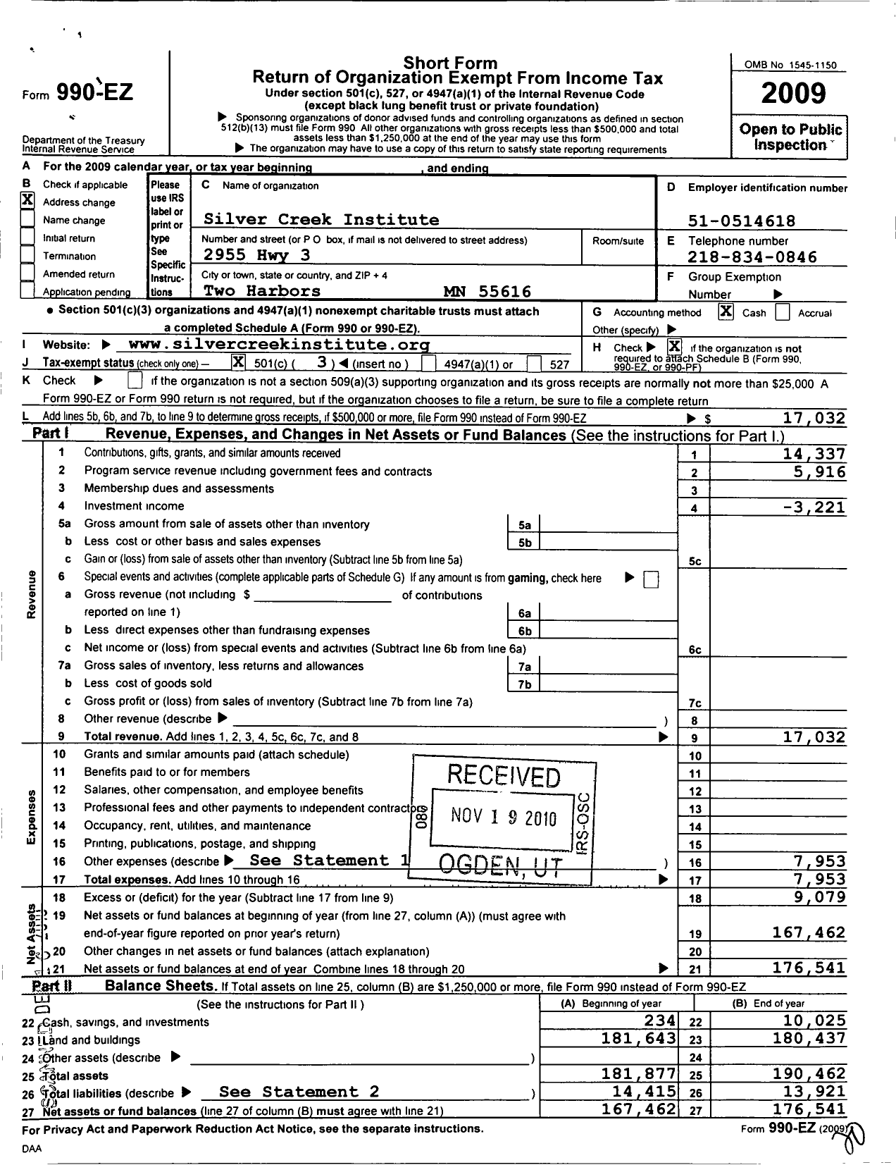 Image of first page of 2009 Form 990EZ for The Silver Creek Institute