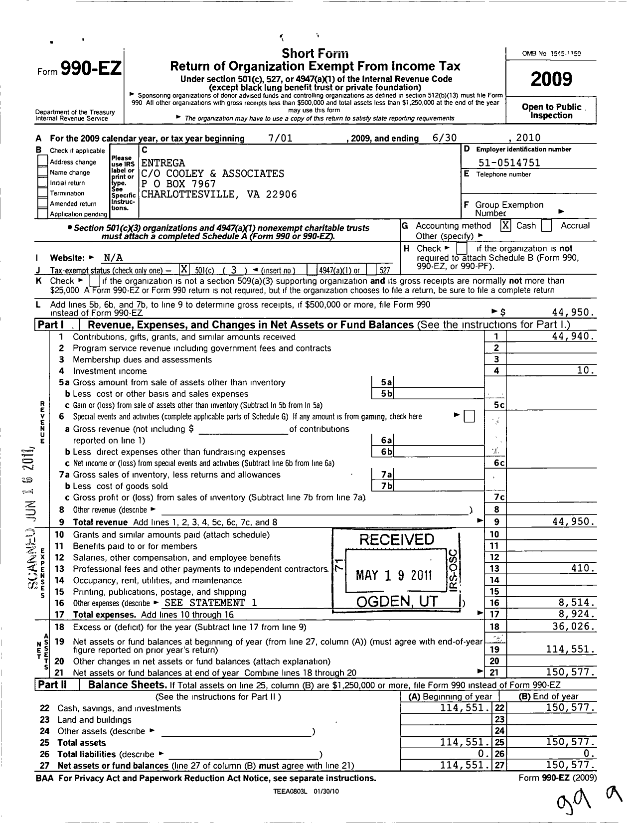 Image of first page of 2009 Form 990EZ for Entrega