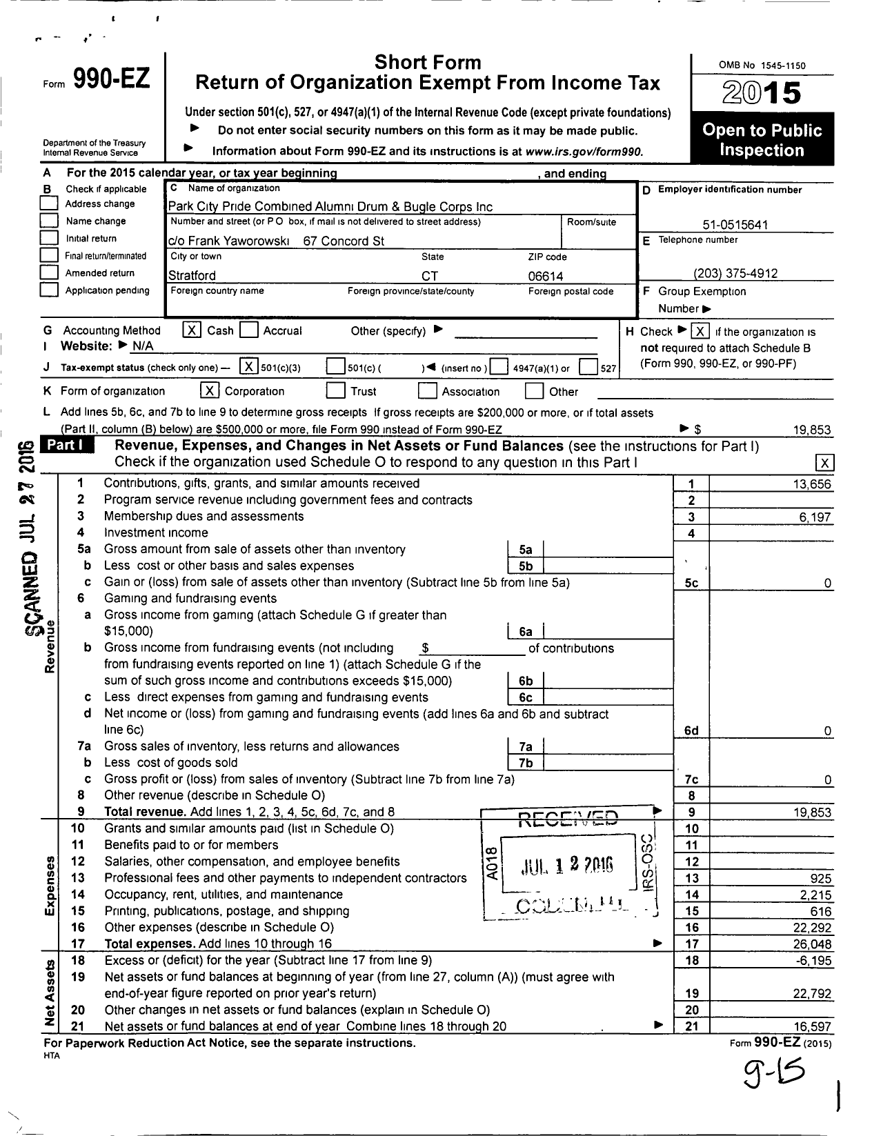 Image of first page of 2015 Form 990EZ for Park City Pride Combined Alumni Drum and Bugle Corps