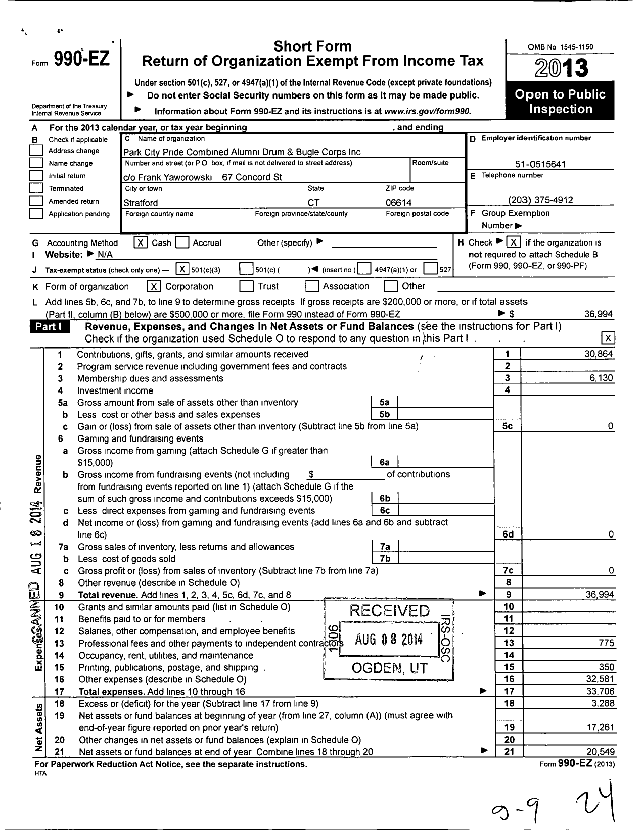 Image of first page of 2013 Form 990EZ for Park City Pride Combined Alumni Drum and Bugle Corps