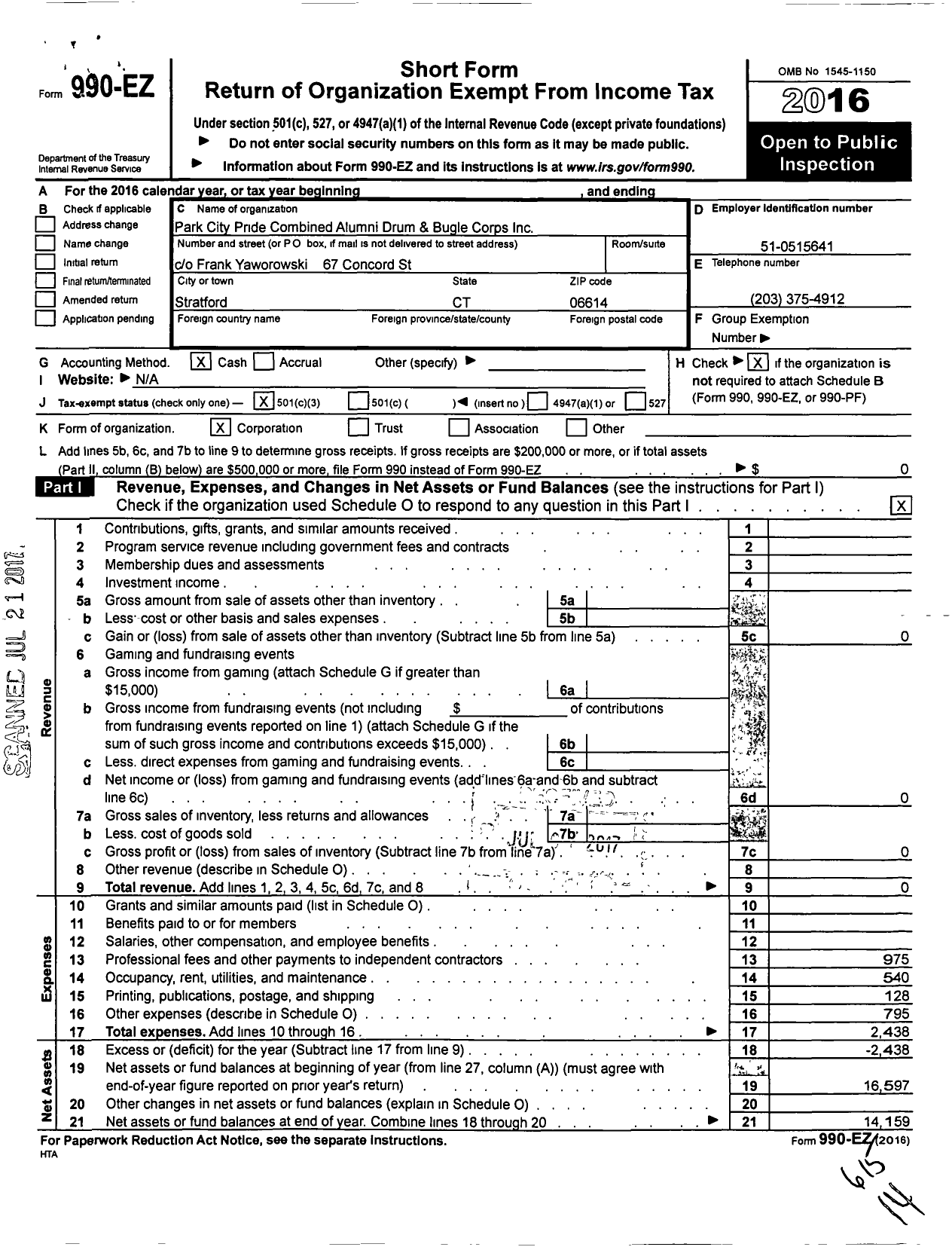 Image of first page of 2016 Form 990EZ for Park City Pride Combined Alumni Drum and Bugle Corps