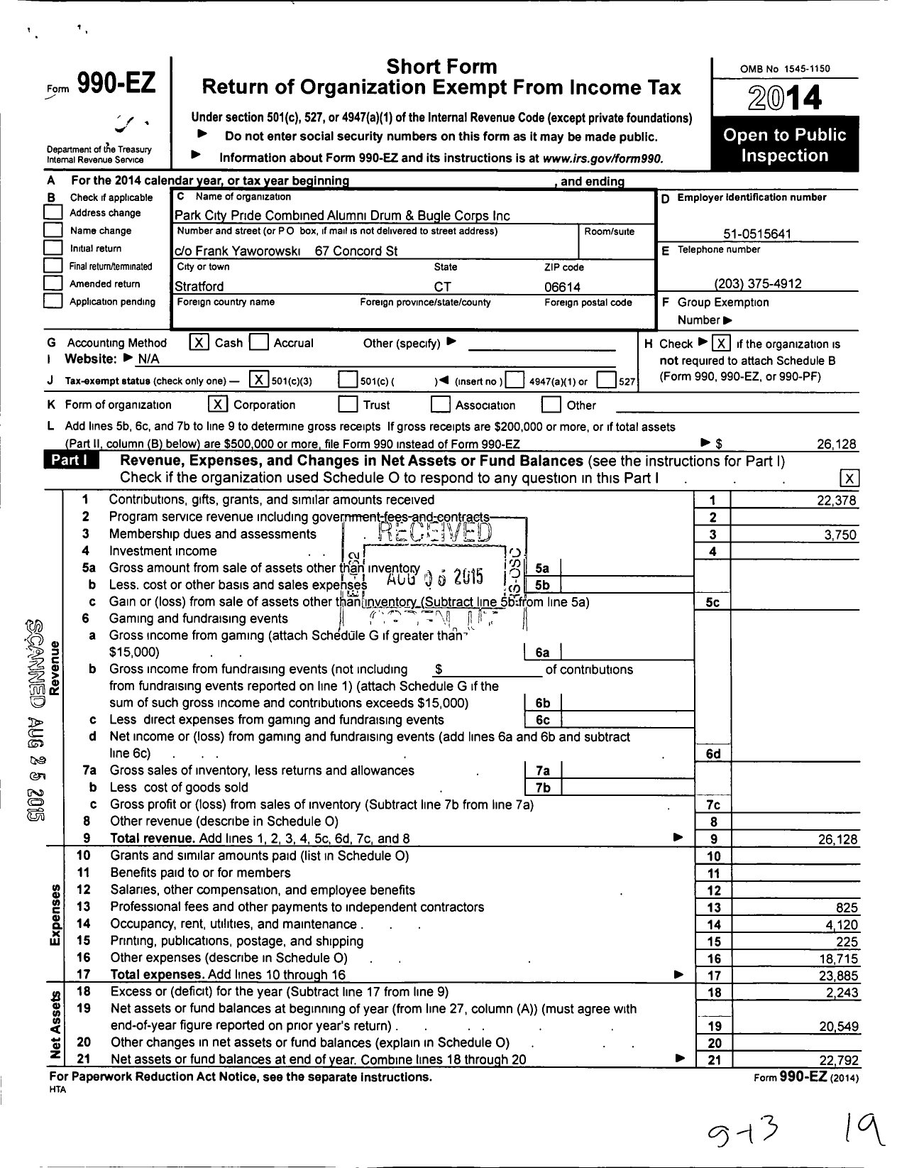 Image of first page of 2014 Form 990EZ for Park City Pride Combined Alumni Drum and Bugle Corps