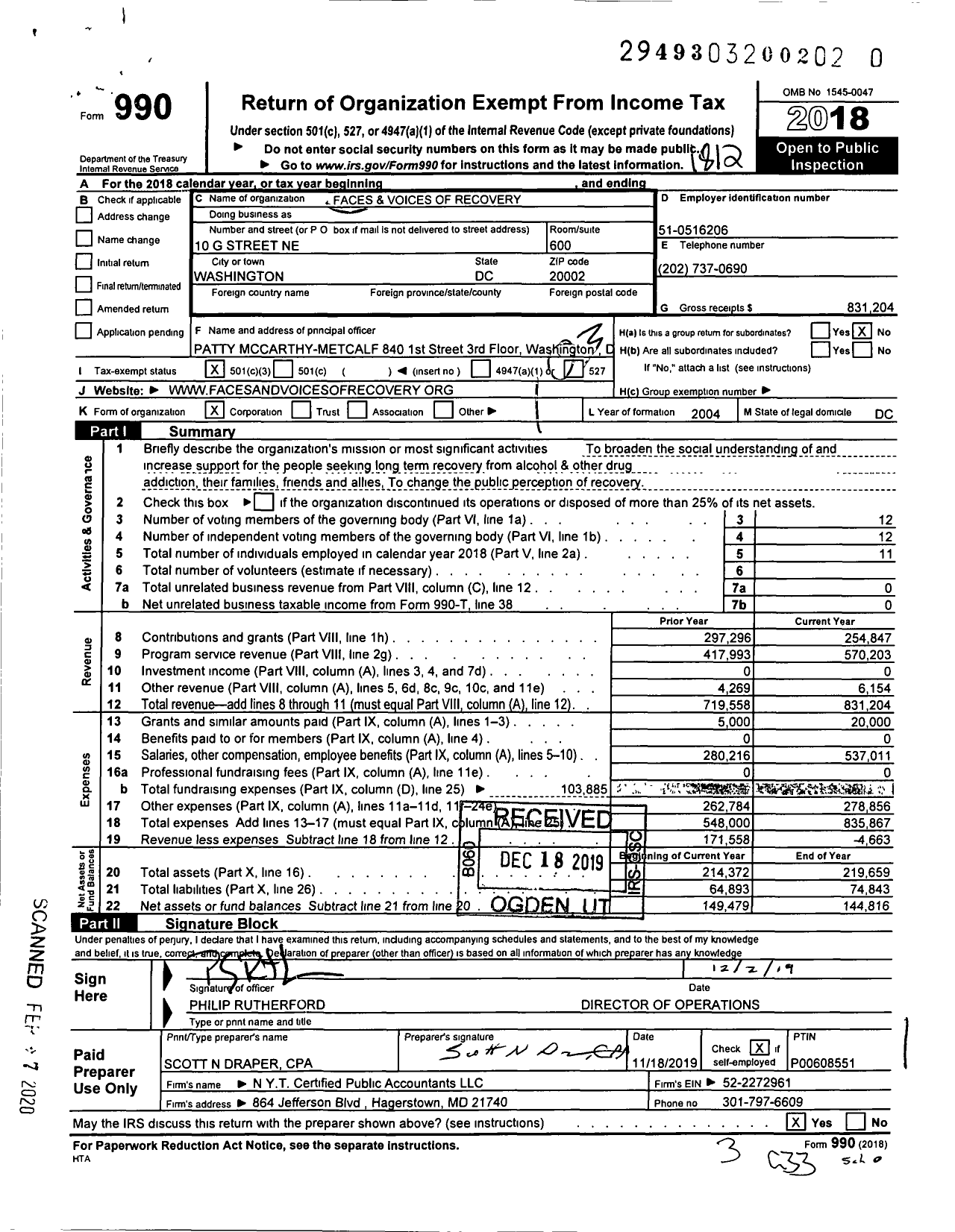 Image of first page of 2018 Form 990 for Faces and Voices of Recovery