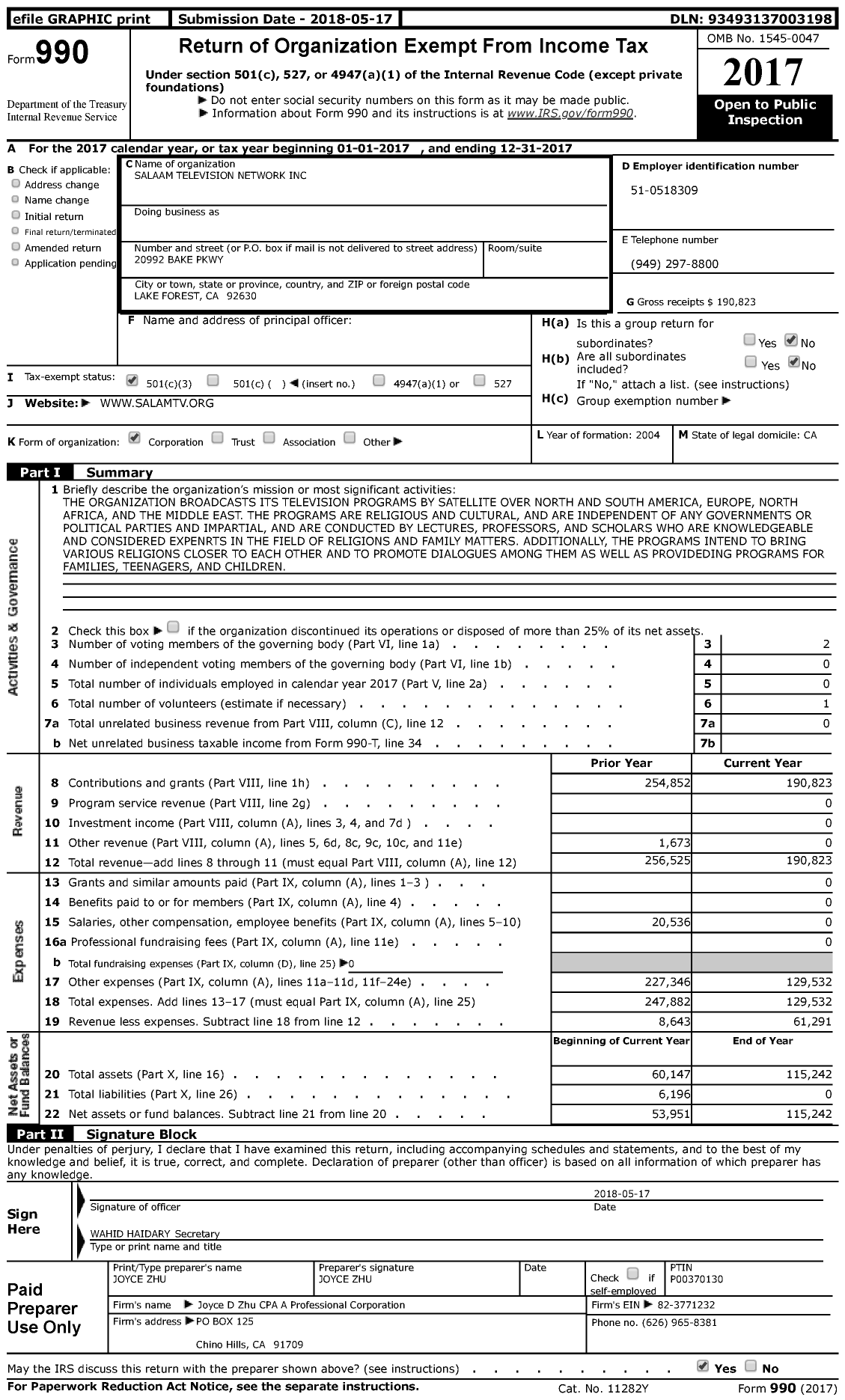 Image of first page of 2017 Form 990 for Salaam Television Network