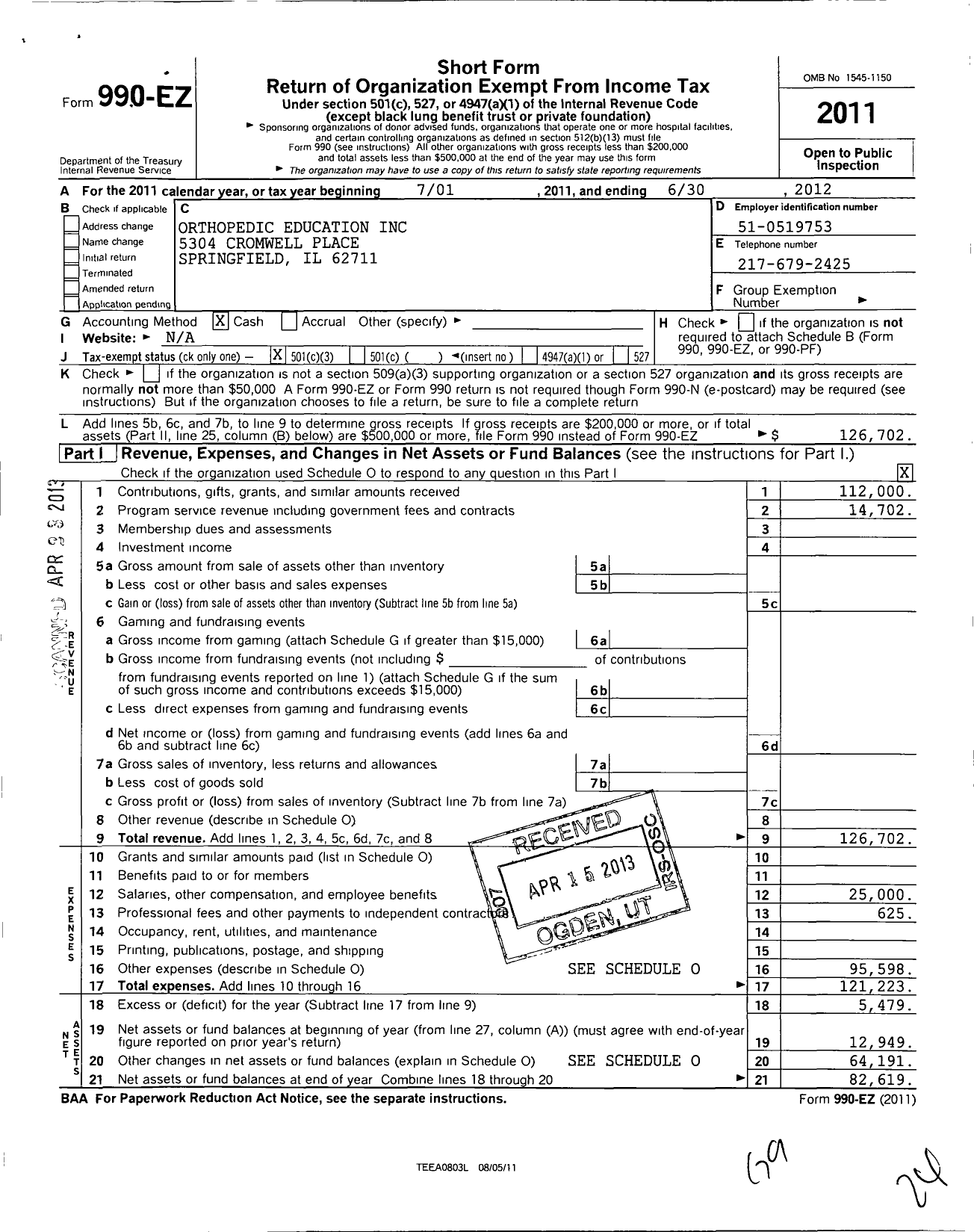 Image of first page of 2011 Form 990EZ for Orthopedic Education