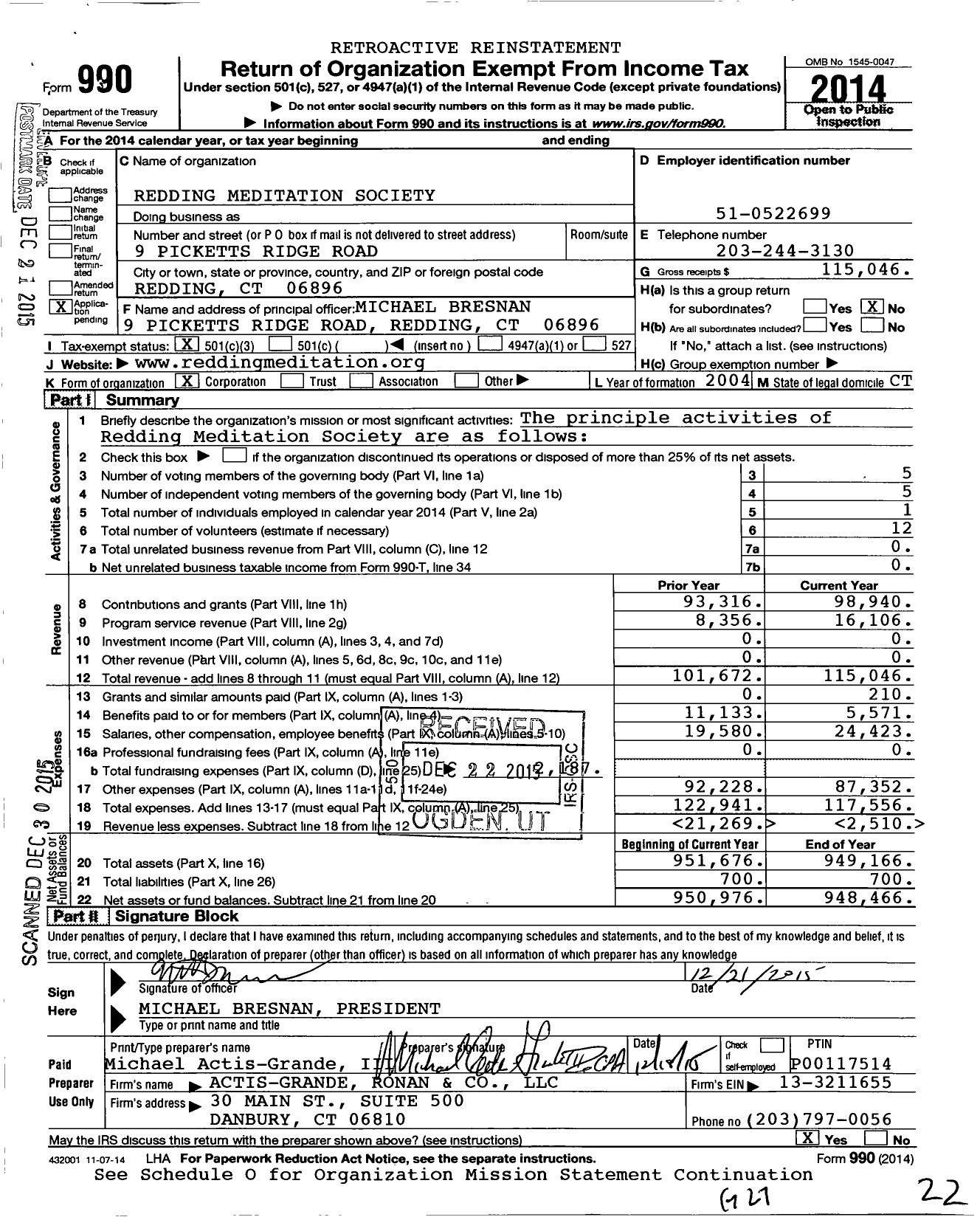 Image of first page of 2014 Form 990 for Redding Meditation Society