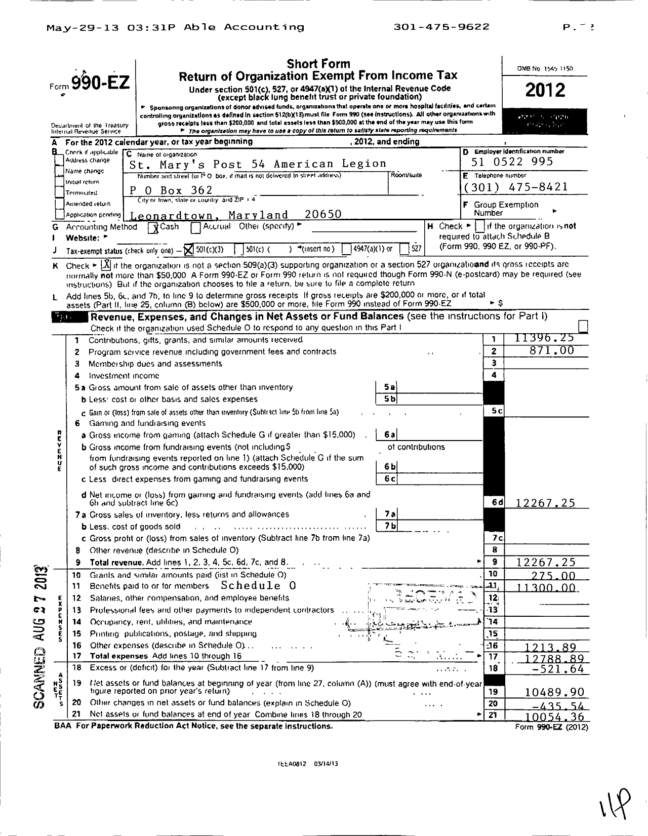 Image of first page of 2012 Form 990EZ for American Legion - 54 St Marys