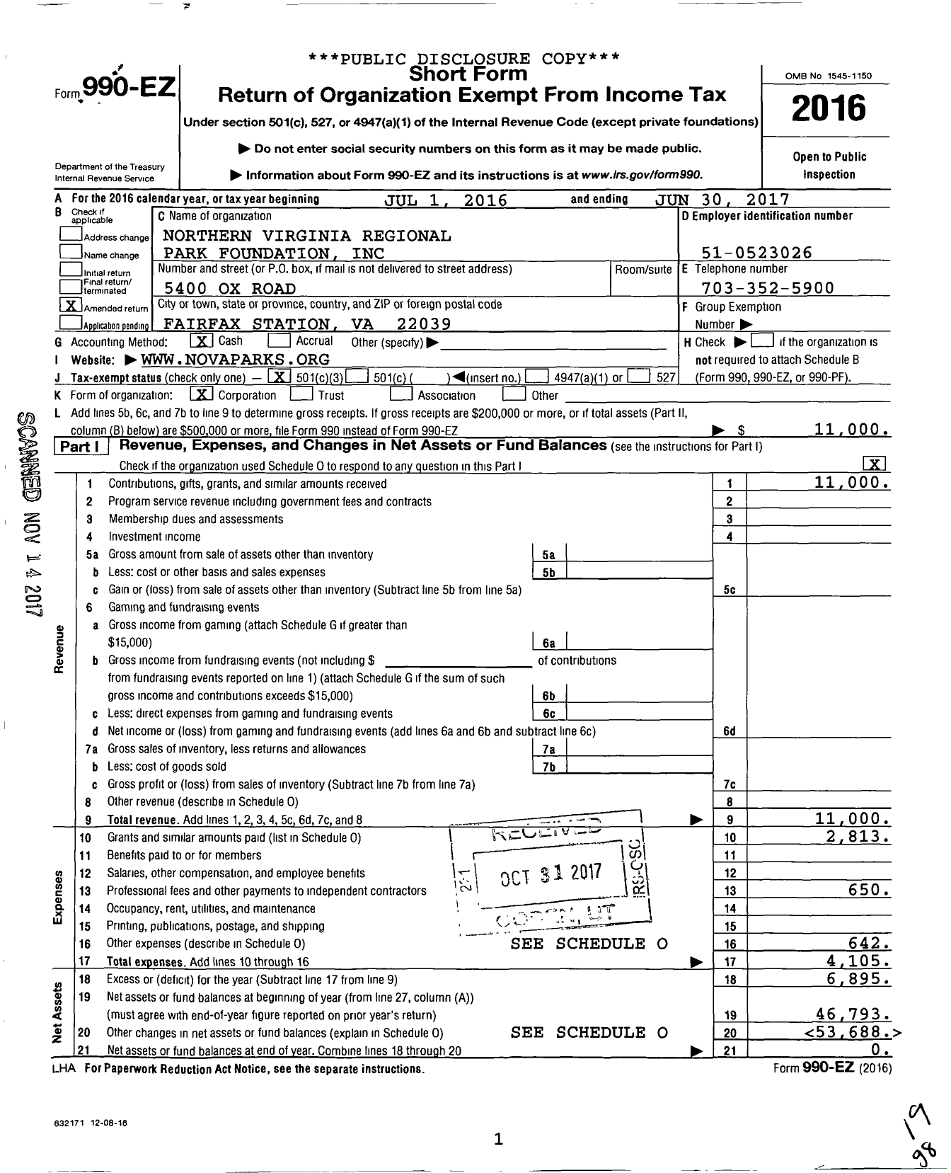 Image of first page of 2016 Form 990EZ for Northern Virginia Regional Park Foundation