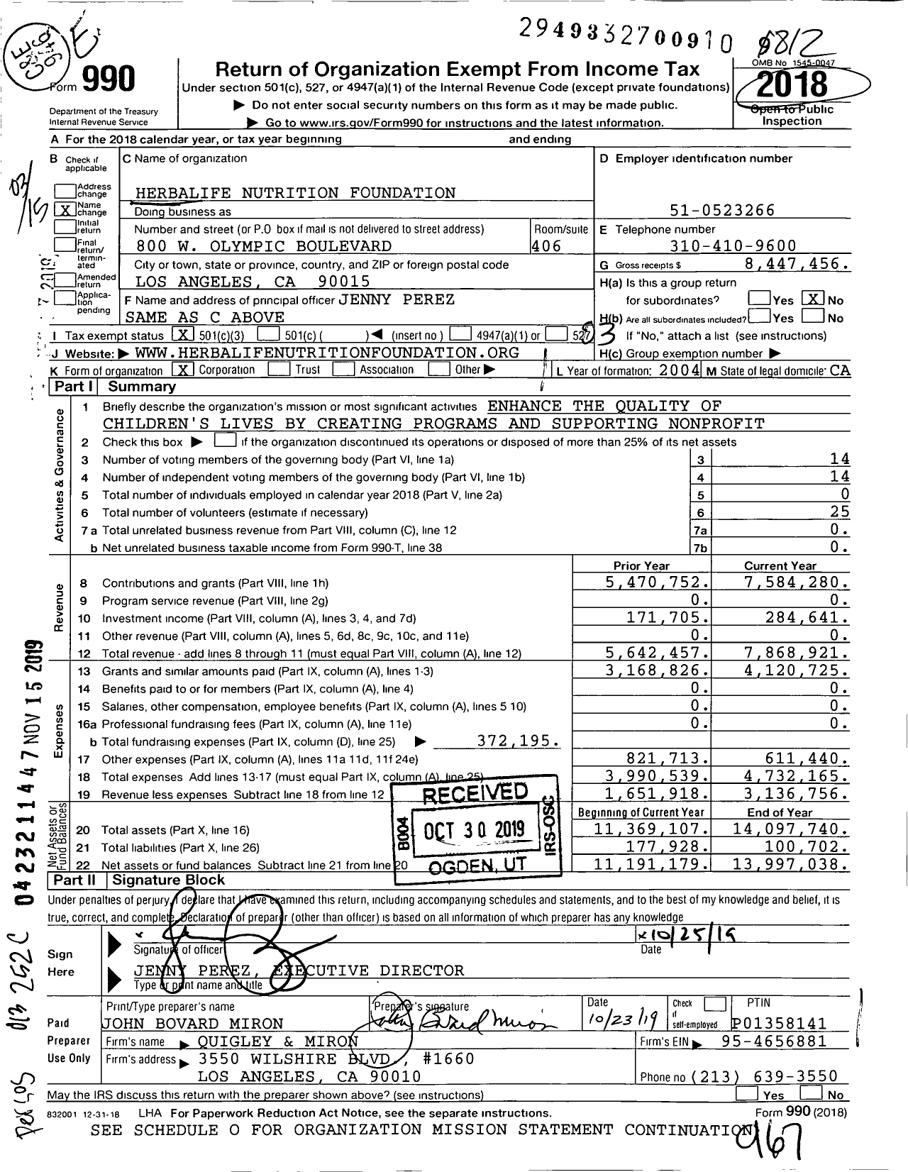 Image of first page of 2018 Form 990 for Herbalife Nutrition Foundation (HFF)