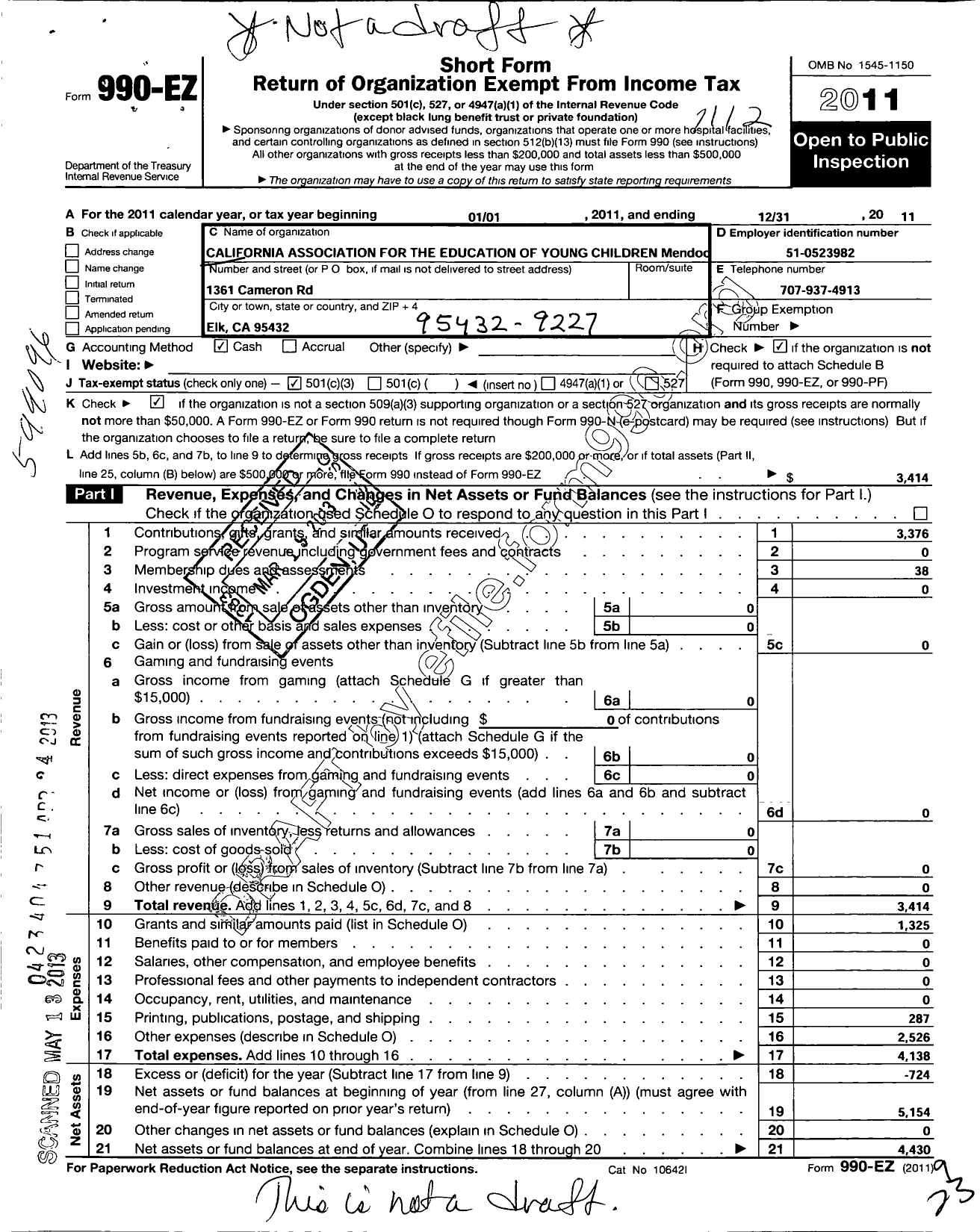 Image of first page of 2011 Form 990EZ for California Association for the Education of Young Children / Mendocino Coast