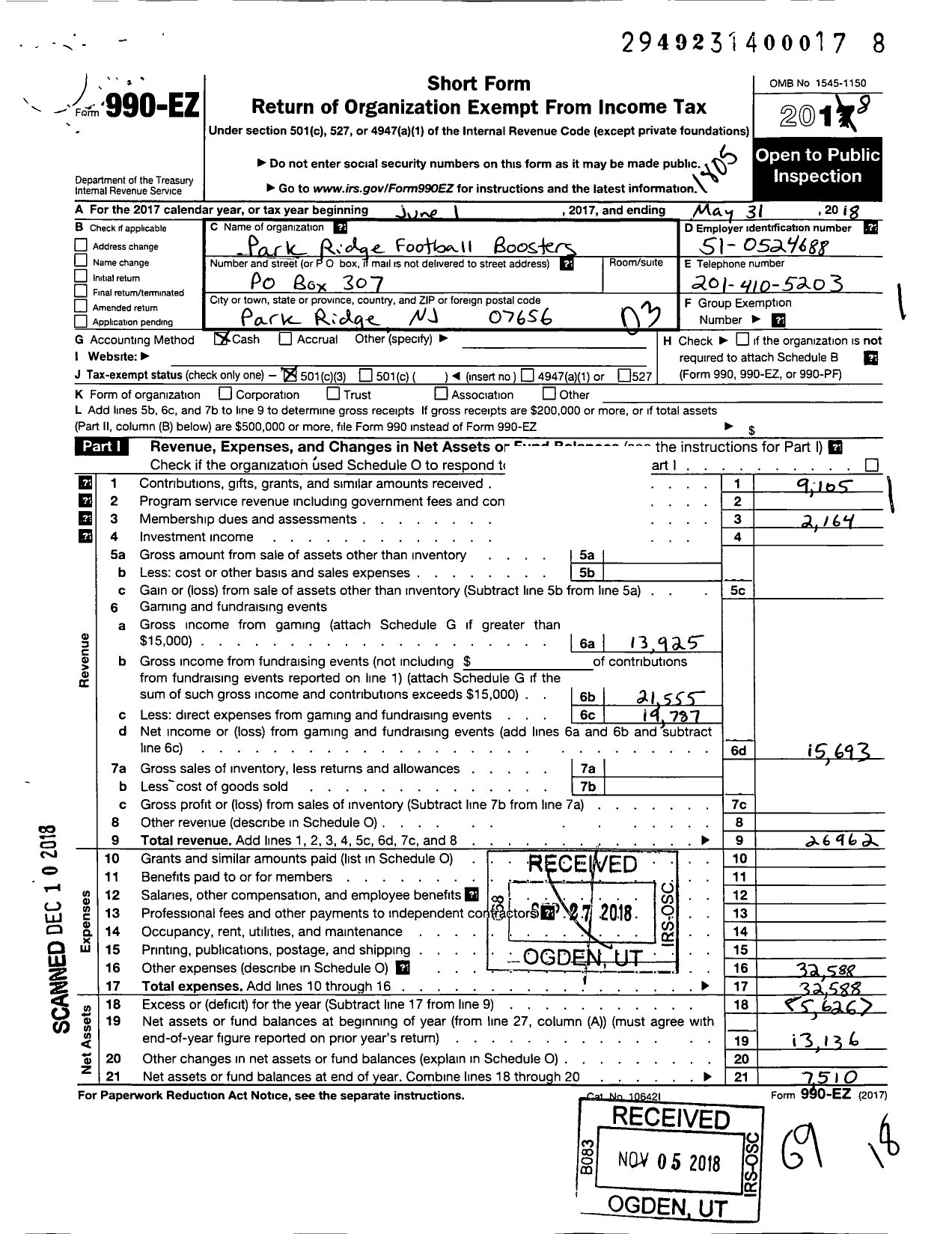 Image of first page of 2017 Form 990EZ for Parkridge Football Boosters
