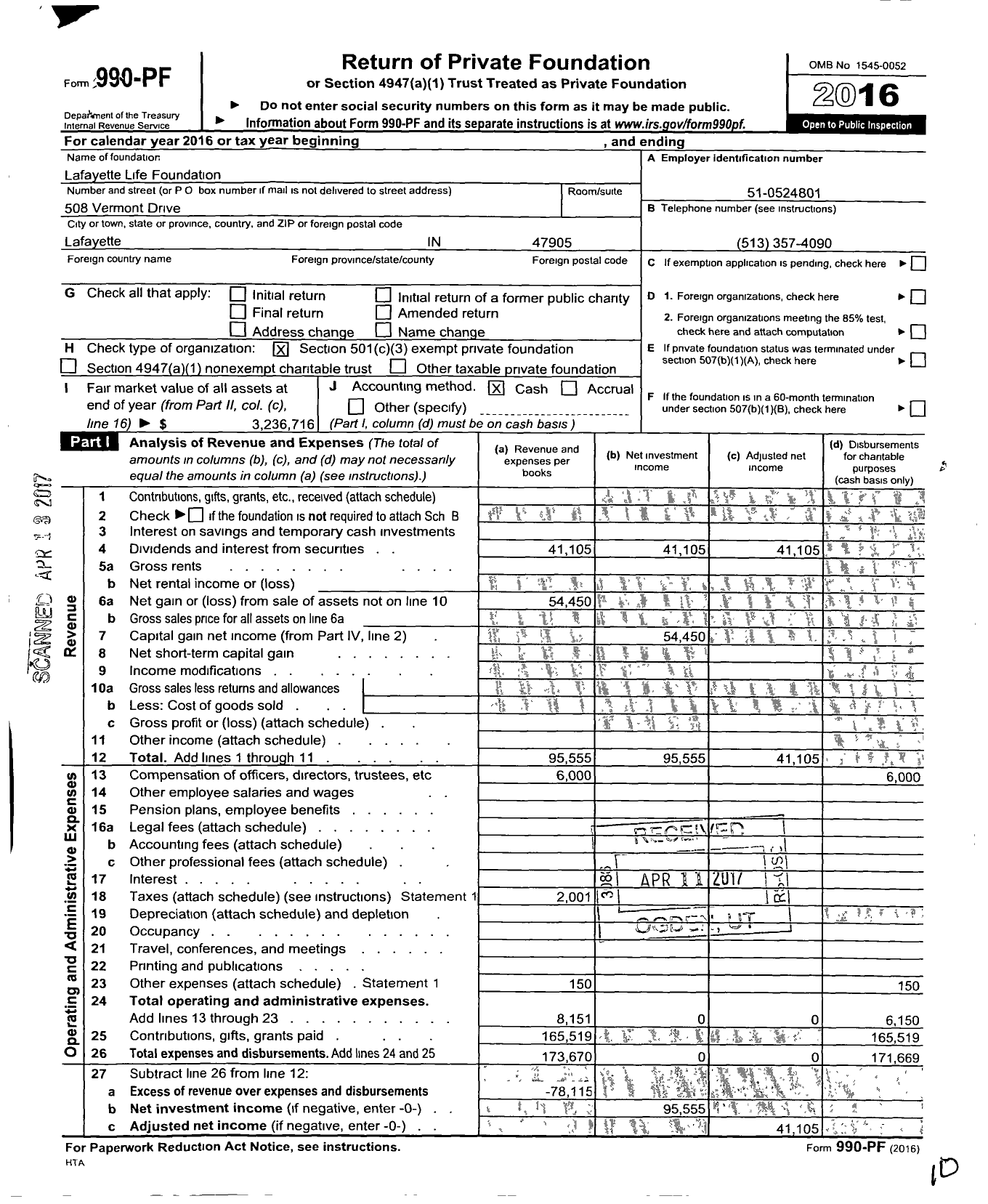 Image of first page of 2016 Form 990PF for Lafayette Life Foundation