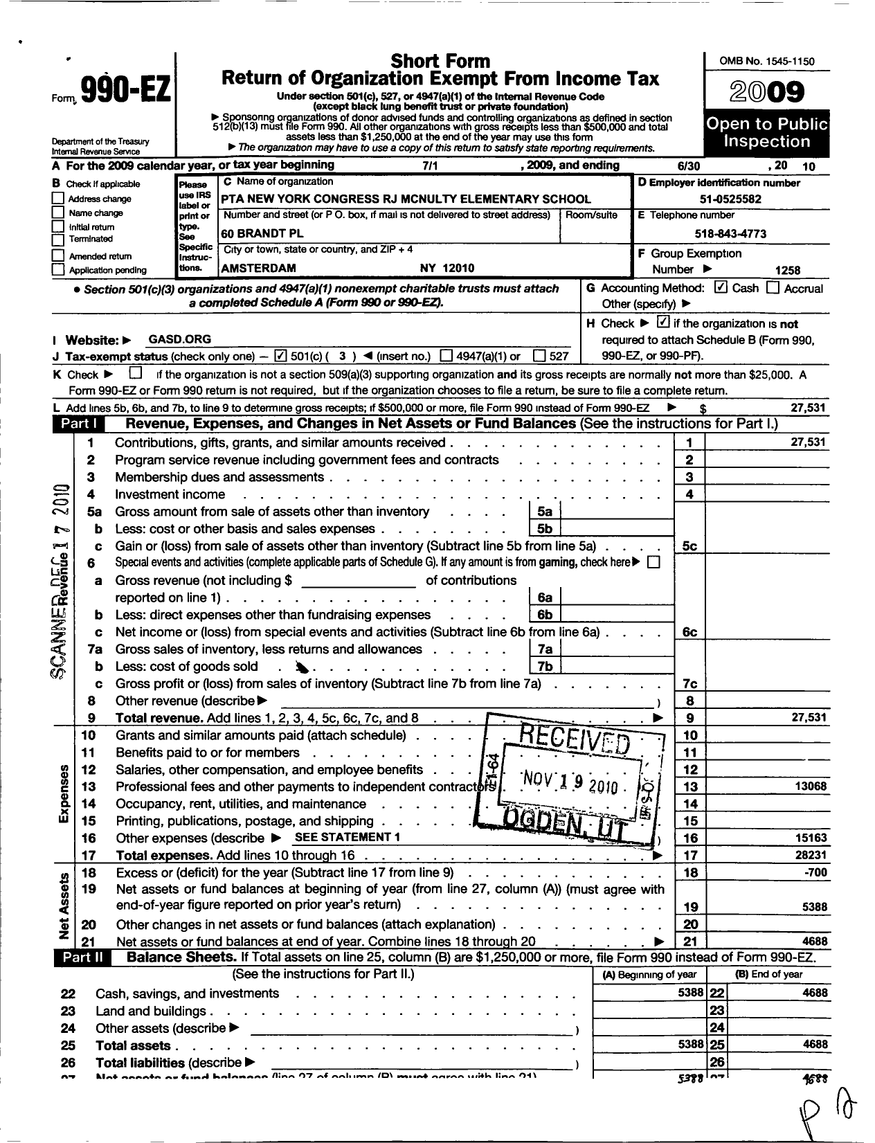 Image of first page of 2009 Form 990EZ for New York State PTA - 12-372 RJ Mcnulty Accd for Internat