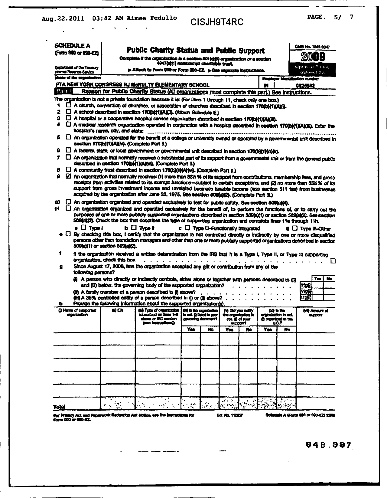 Image of first page of 2009 Form 990ER for New York State PTA - 12-372 RJ Mcnulty Accd for Internat