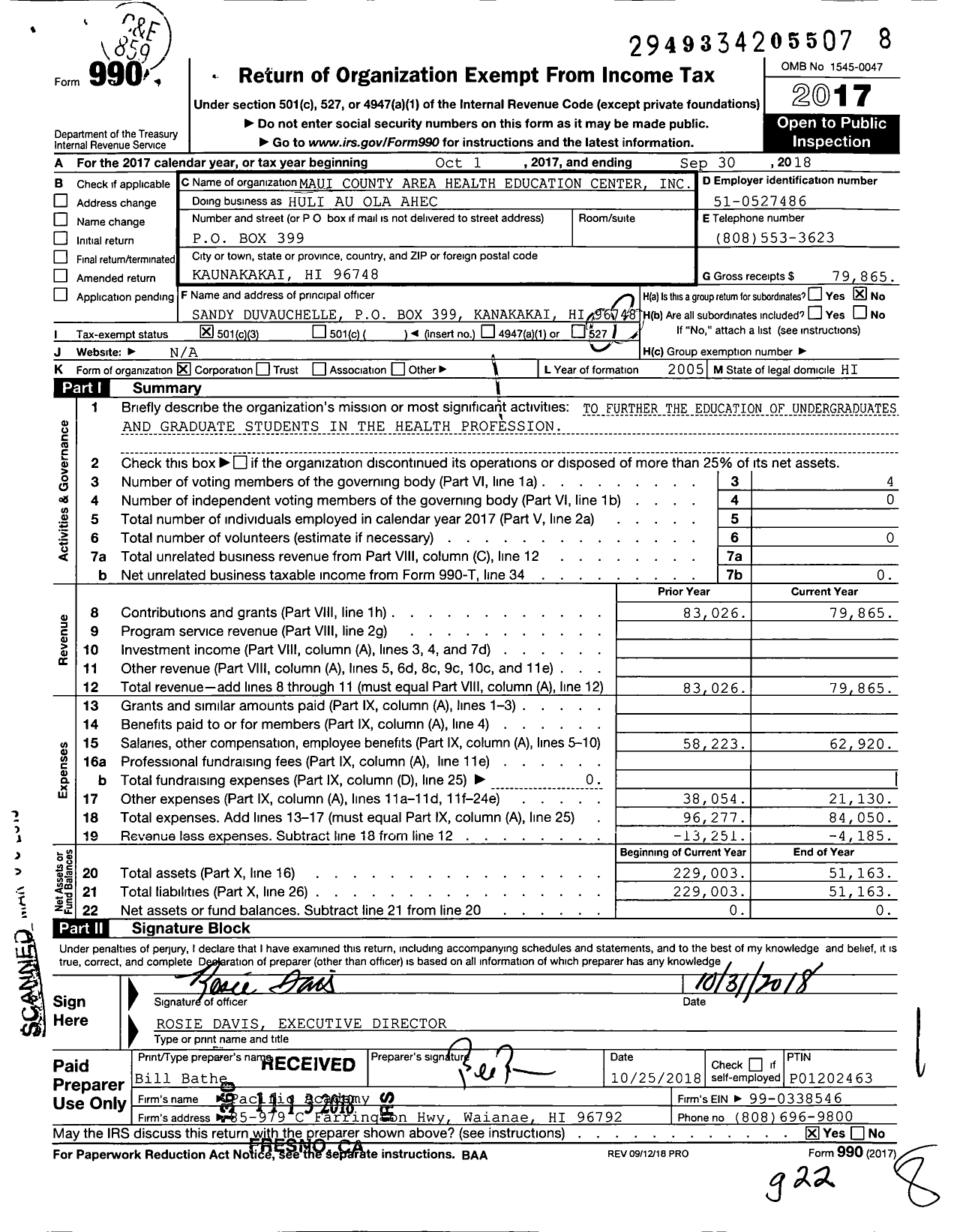 Image of first page of 2017 Form 990 for Huli Au Ola Ahec