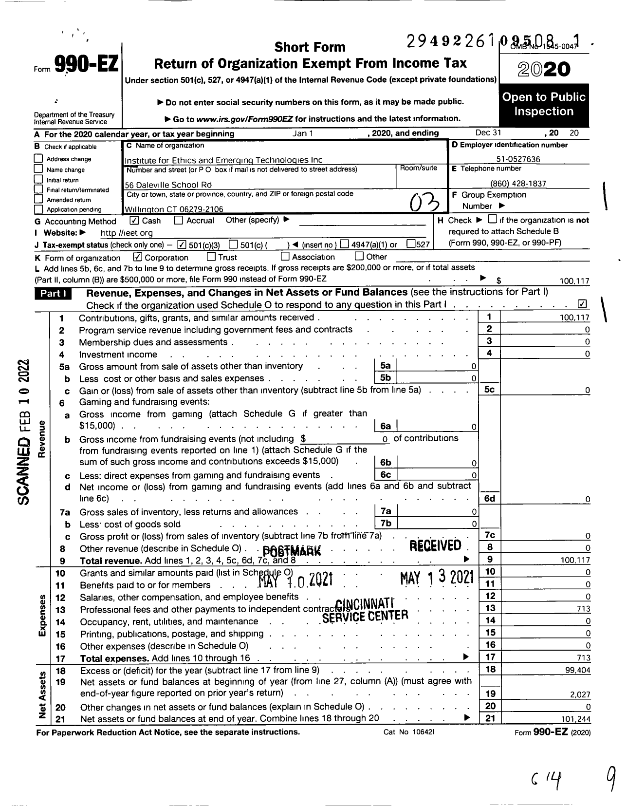 Image of first page of 2020 Form 990EZ for Institute for Ethics and Emerging Technologies (IEET)