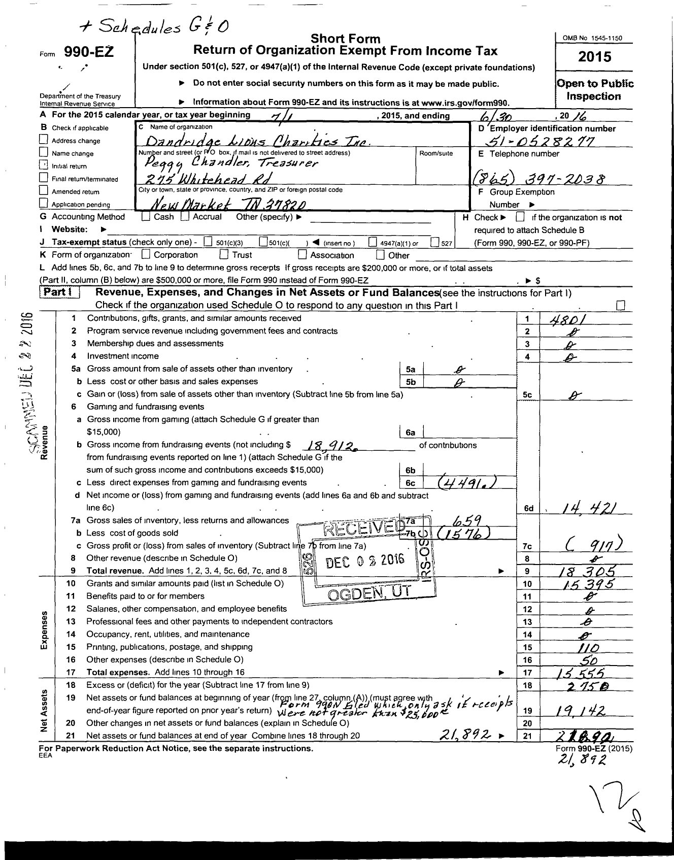 Image of first page of 2015 Form 990EO for Dandridge Lions Club