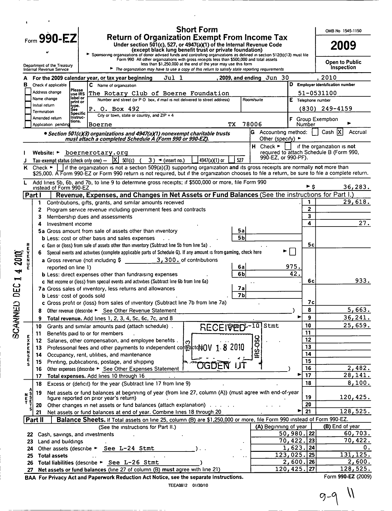 Image of first page of 2009 Form 990EZ for The Rotary Club of Boerne Foundation