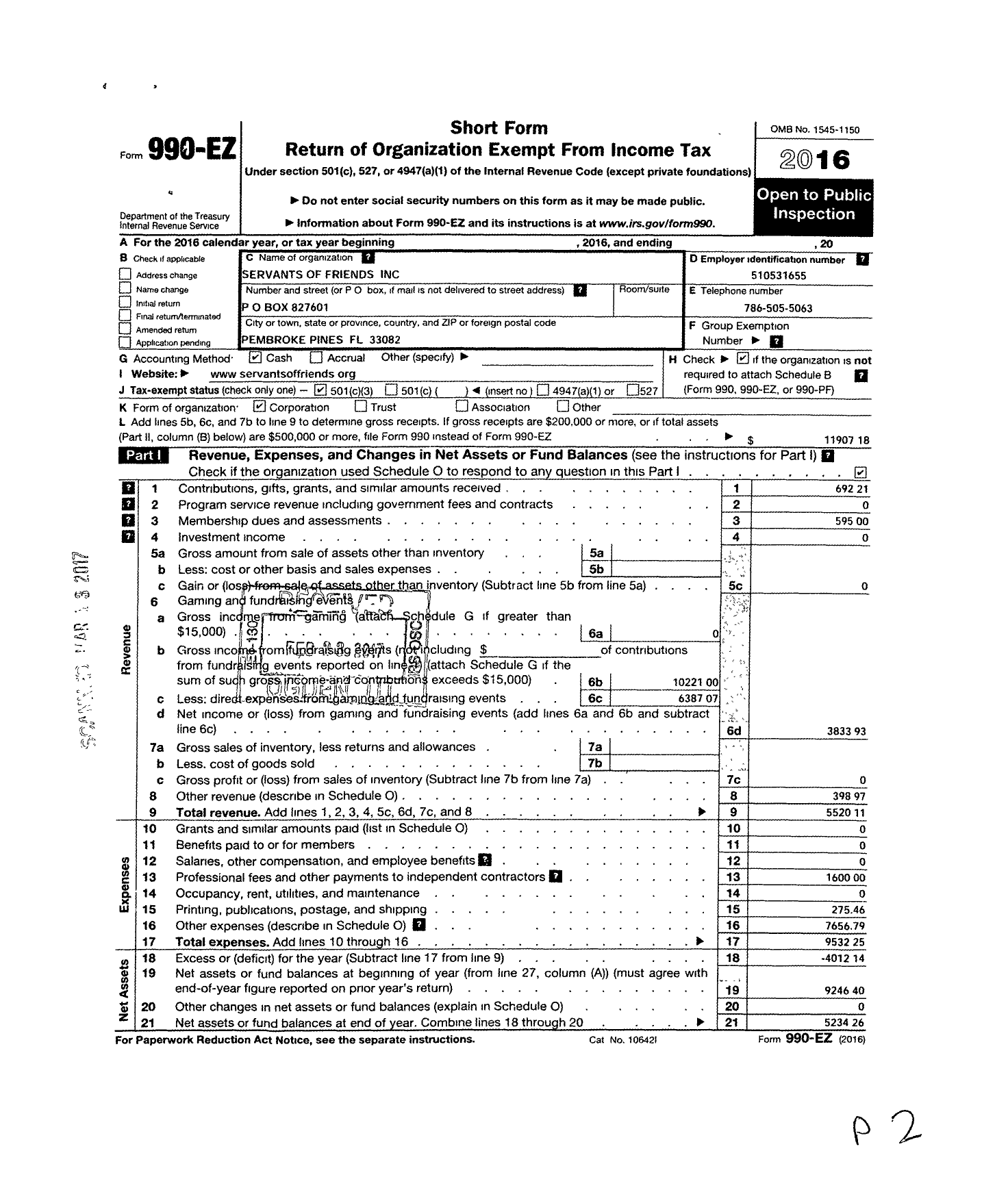 Image of first page of 2016 Form 990EZ for Servants of Friends