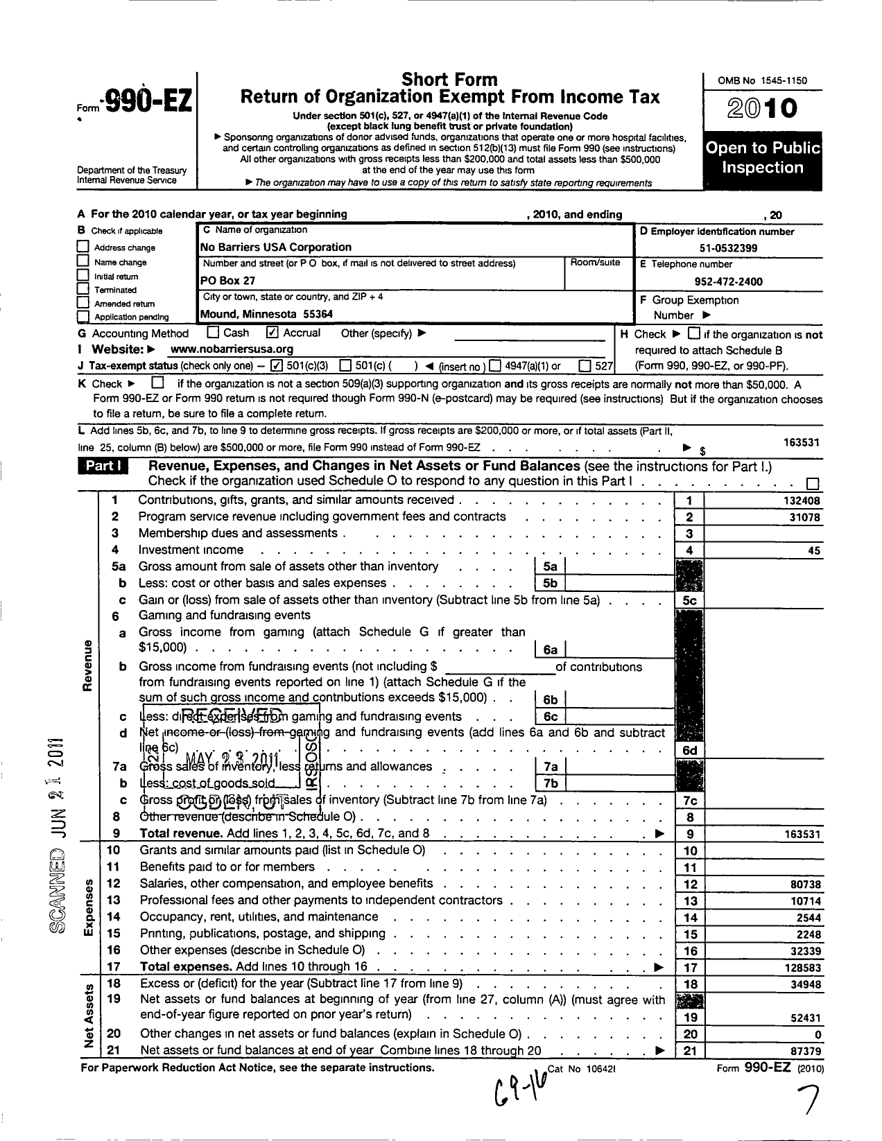 Image of first page of 2010 Form 990EZ for No Barriers USA Corporation