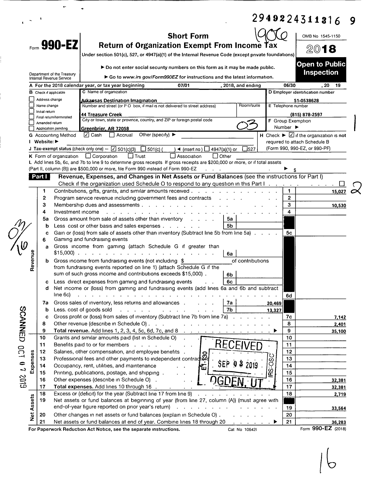 Image of first page of 2018 Form 990EZ for Arkansas Destination Imagination