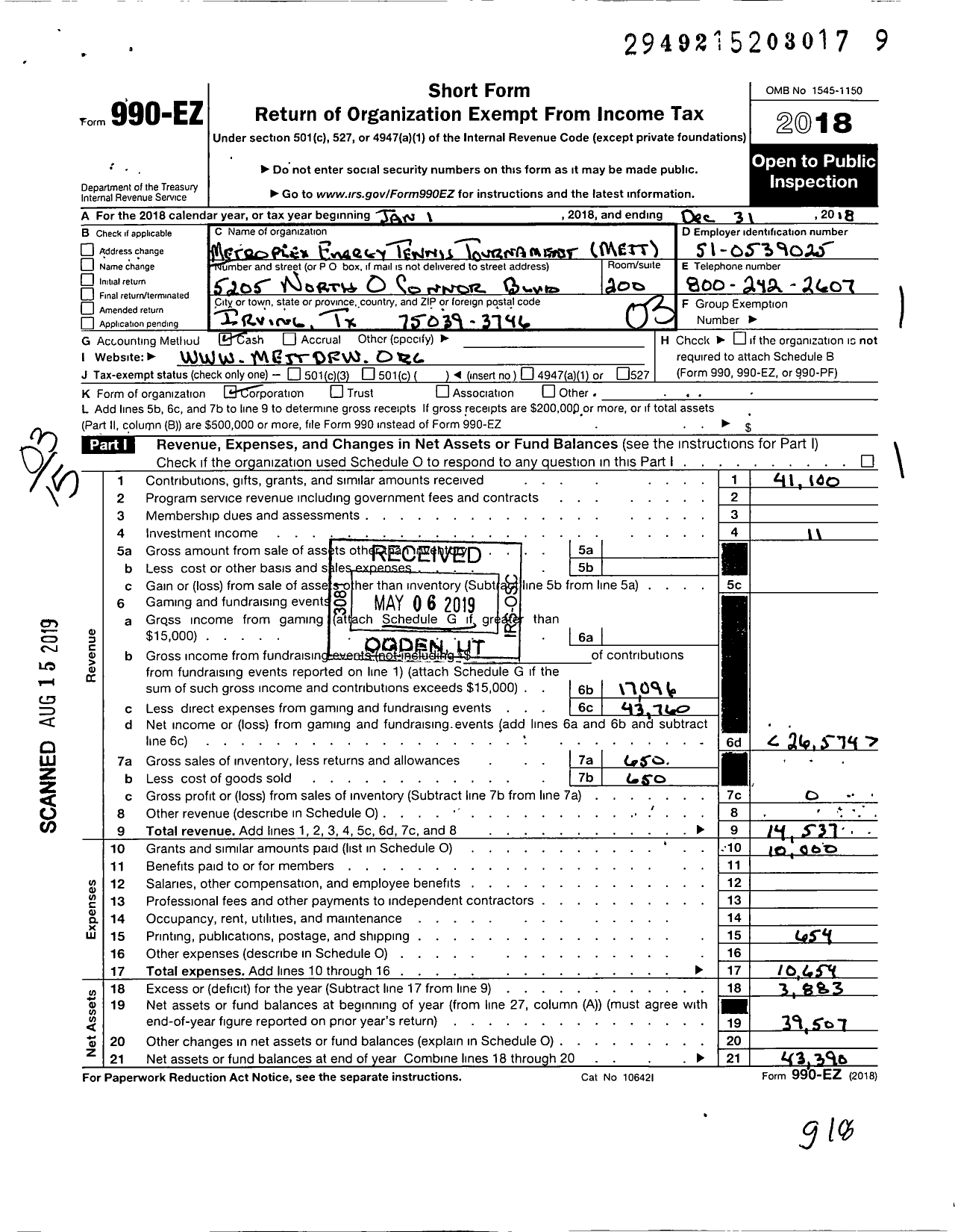 Image of first page of 2018 Form 990EZ for Metroplex Energy Tennis Tournament Mett