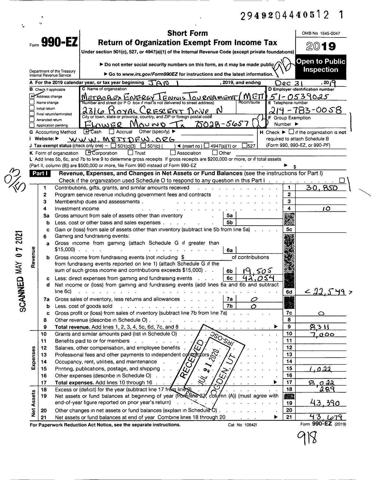 Image of first page of 2019 Form 990EZ for Metroplex Energy Tennis Tournament Mett