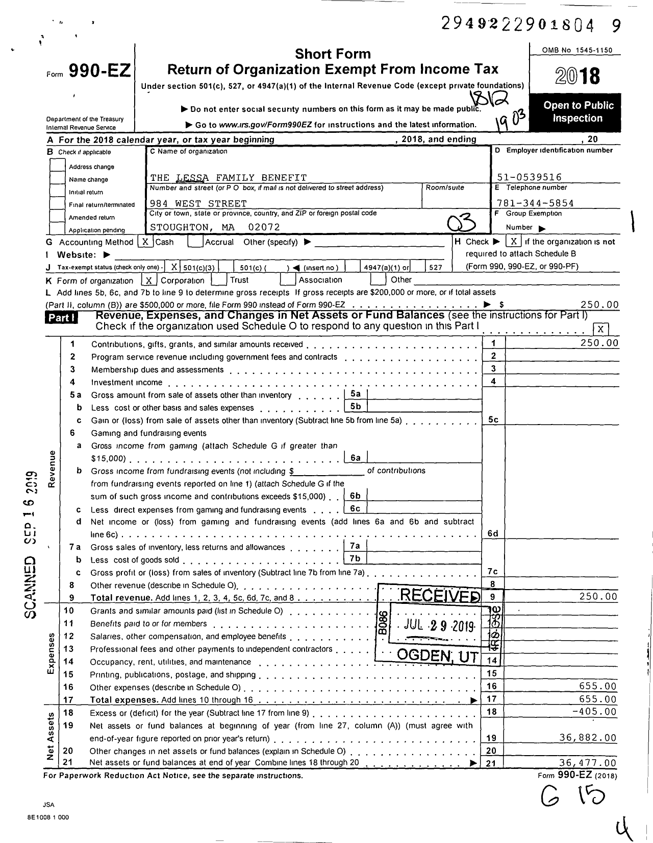 Image of first page of 2018 Form 990EZ for Lessa Family Benefit