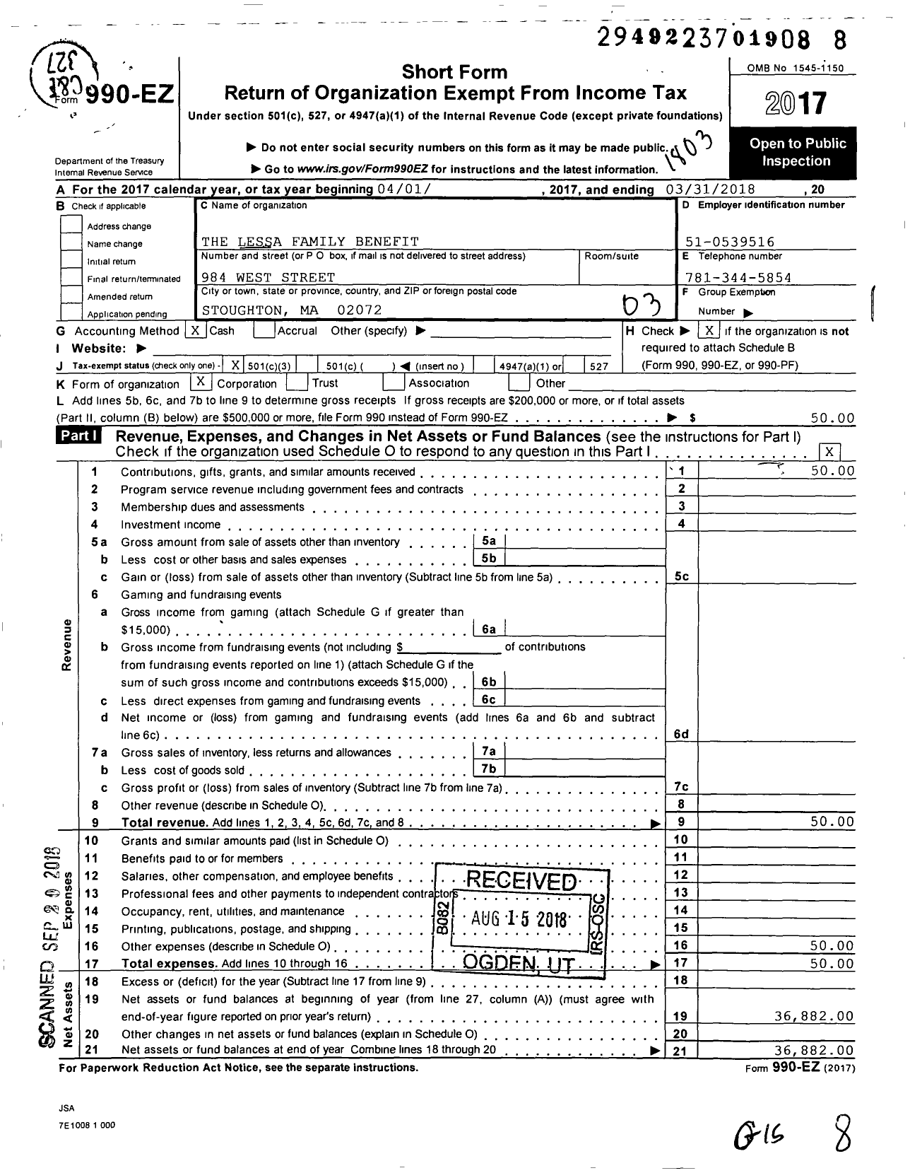 Image of first page of 2017 Form 990EZ for Lessa Family Benefit