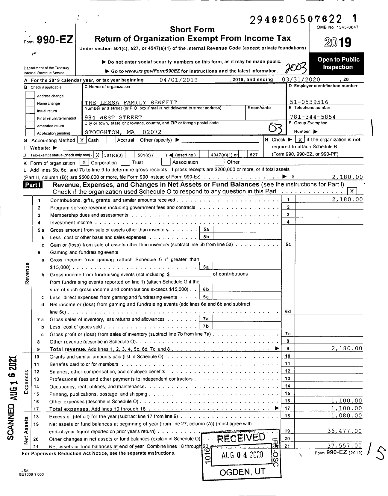 Image of first page of 2019 Form 990EZ for Lessa Family Benefit