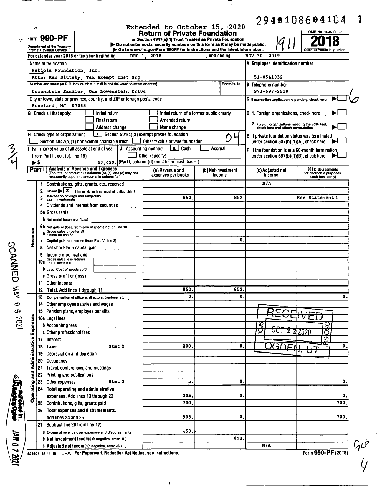 Image of first page of 2018 Form 990PF for Fabiola Foundation