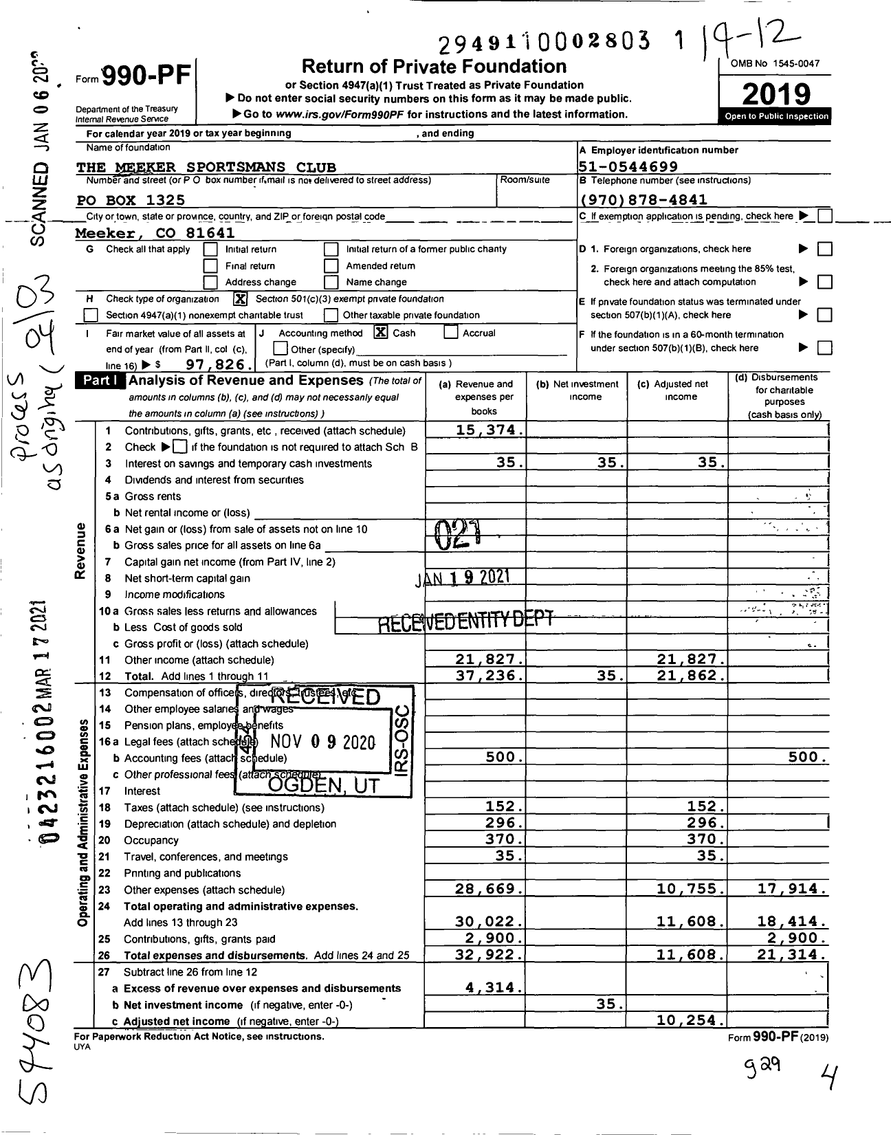 Image of first page of 2019 Form 990PF for The Meeker Sportsmans Club