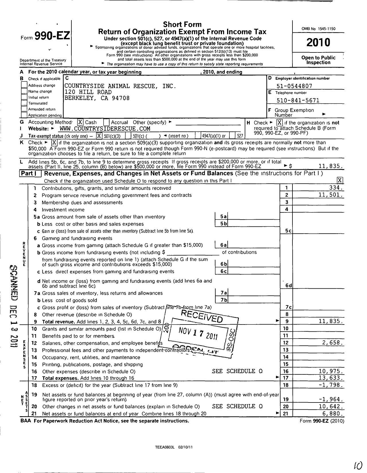 Image of first page of 2010 Form 990EZ for Countryside Animal Rescue