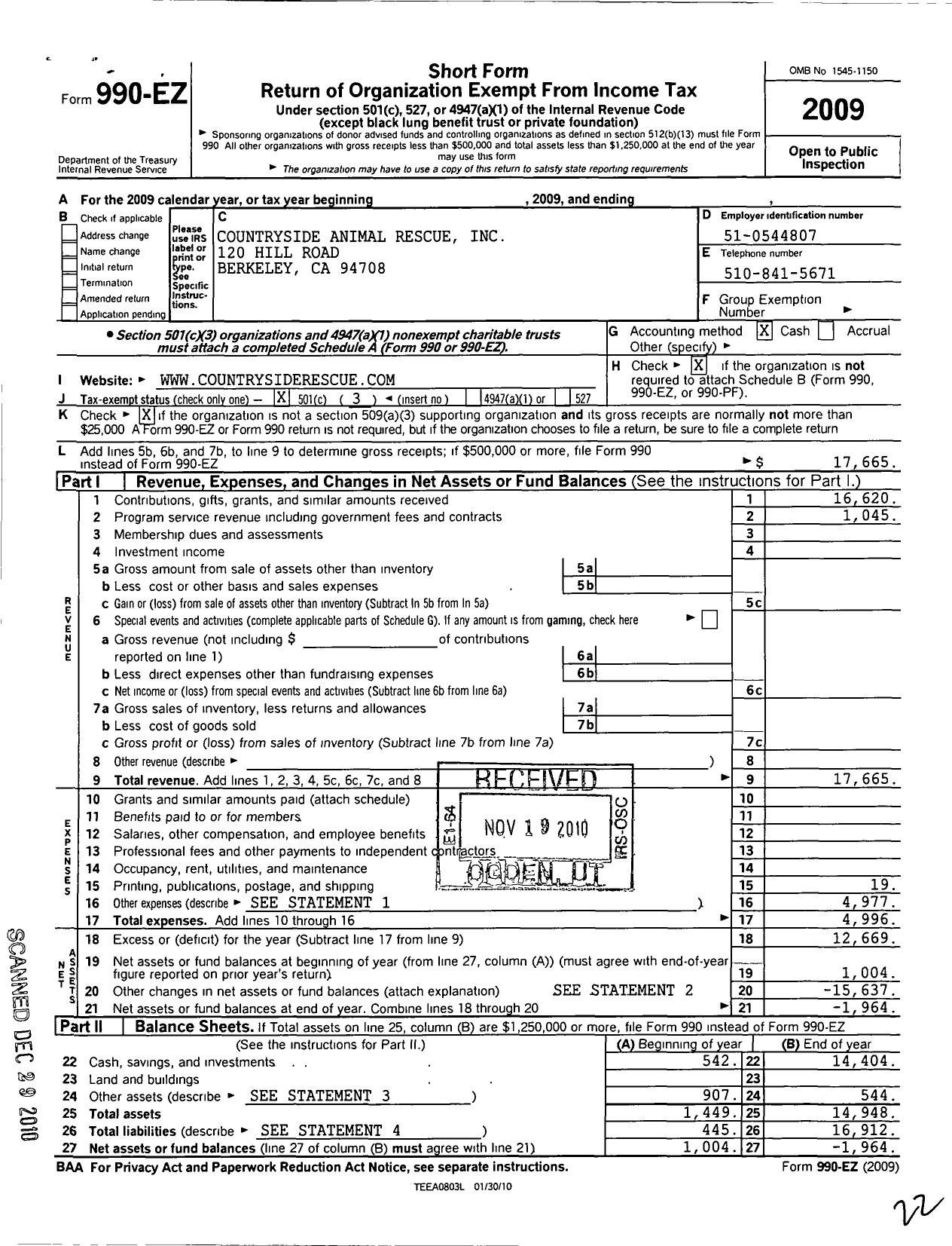 Image of first page of 2009 Form 990EZ for Countryside Animal Rescue