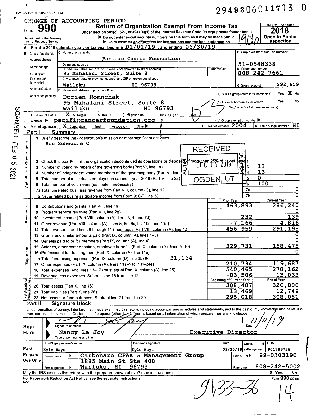 Image of first page of 2018 Form 990 for Pacific Cancer Foundation