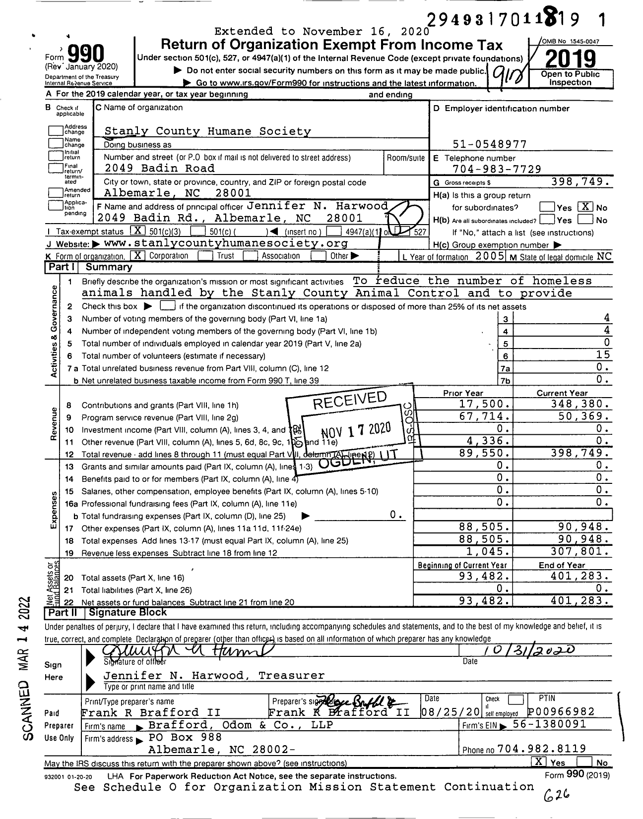 Image of first page of 2019 Form 990 for Stanly County Humane Society