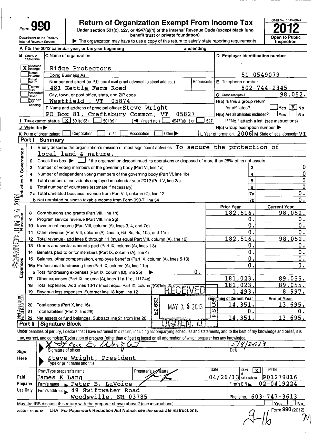 Image of first page of 2012 Form 990 for Ridge Protectors