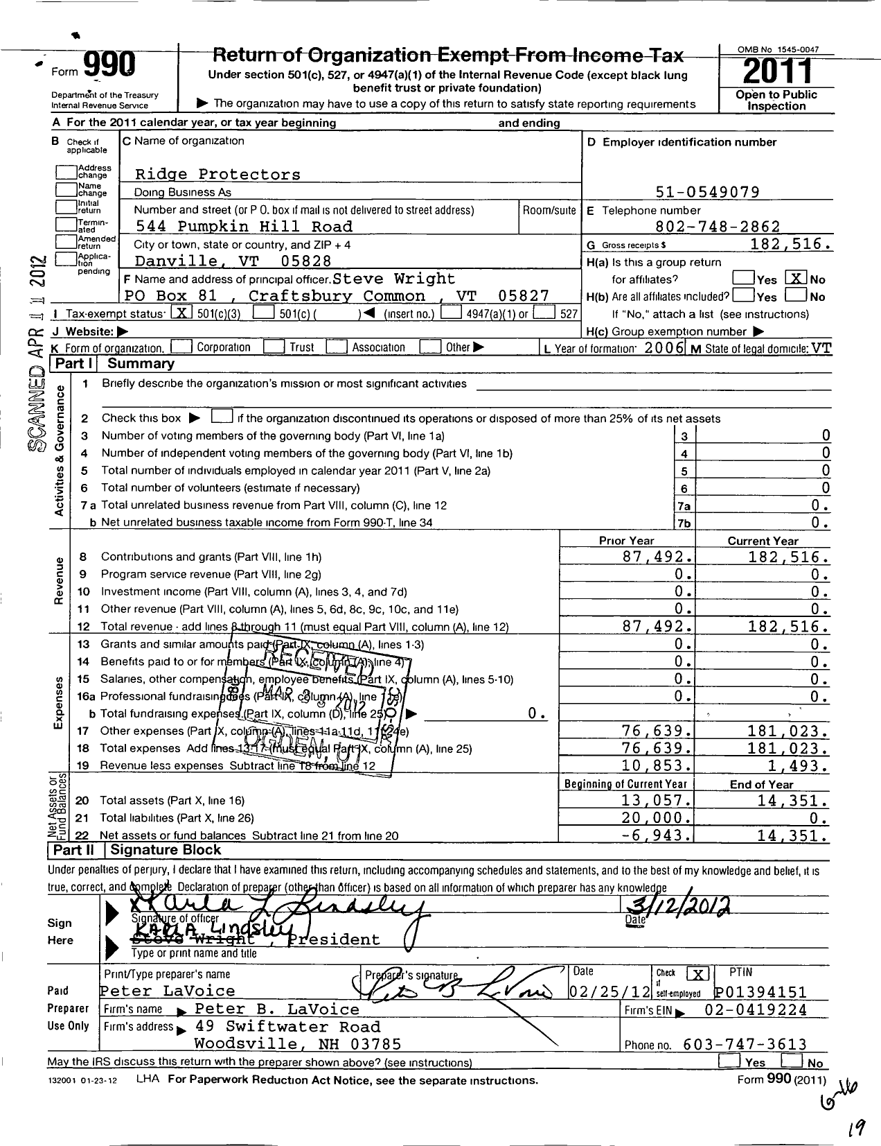 Image of first page of 2011 Form 990 for Ridge Protectors