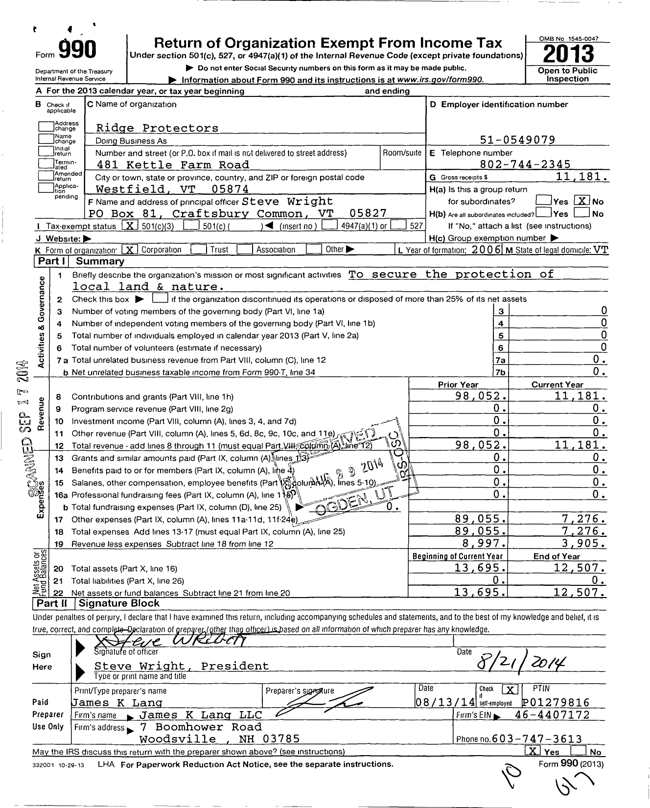 Image of first page of 2013 Form 990 for Ridge Protectors