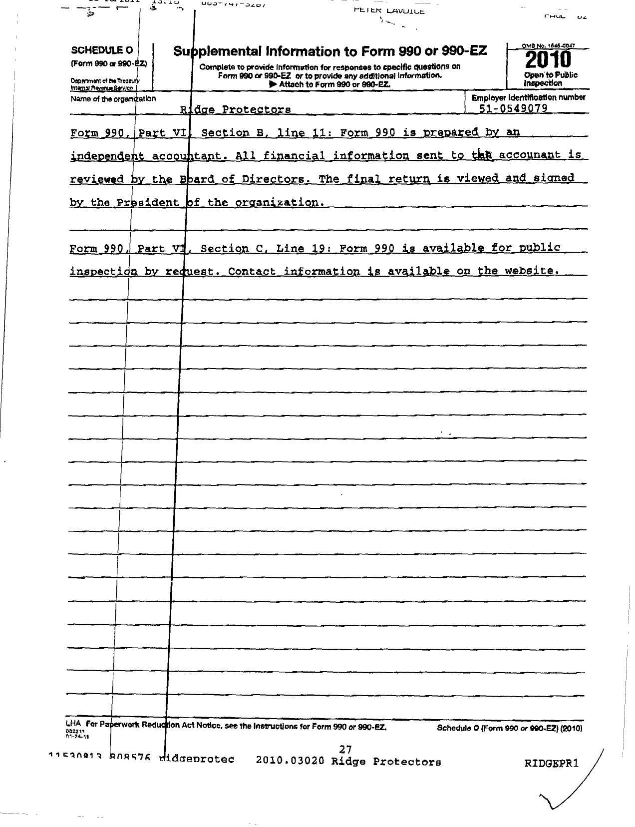 Image of first page of 2010 Form 990R for Ridge Protectors