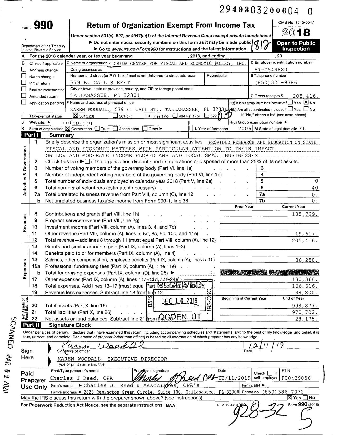 Image of first page of 2018 Form 990 for Florida Center For Fiscal And Economic