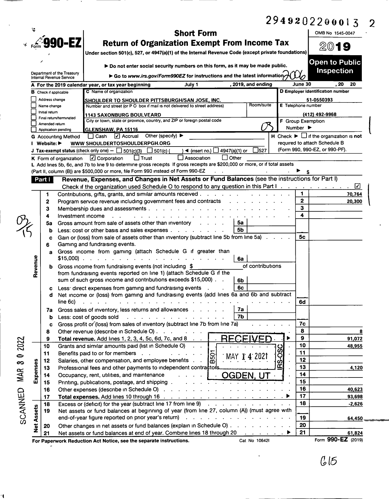 Image of first page of 2019 Form 990EZ for Shoulder To Shoulder Pittsburgh San Jose