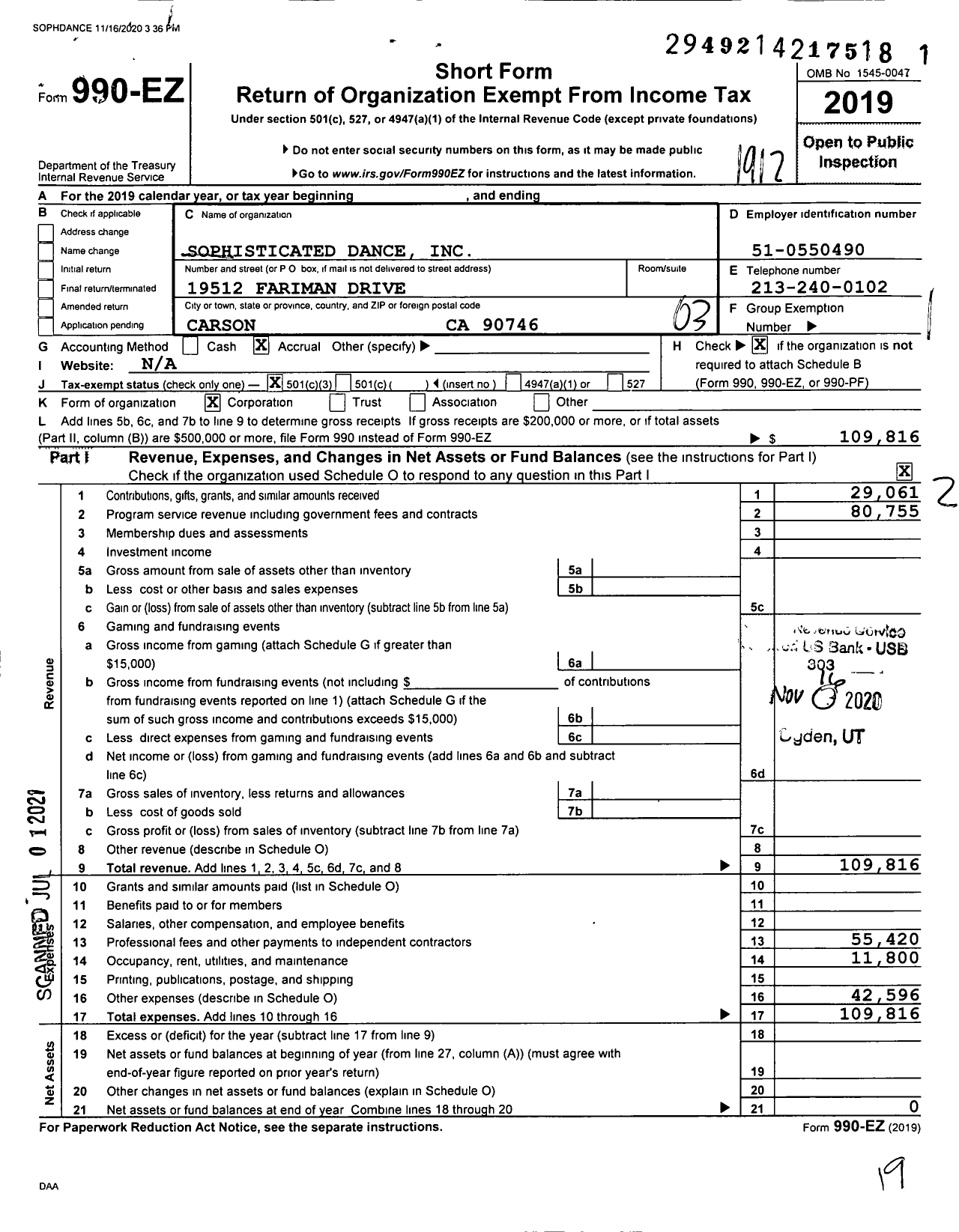 Image of first page of 2019 Form 990EZ for Sophisticated Dance