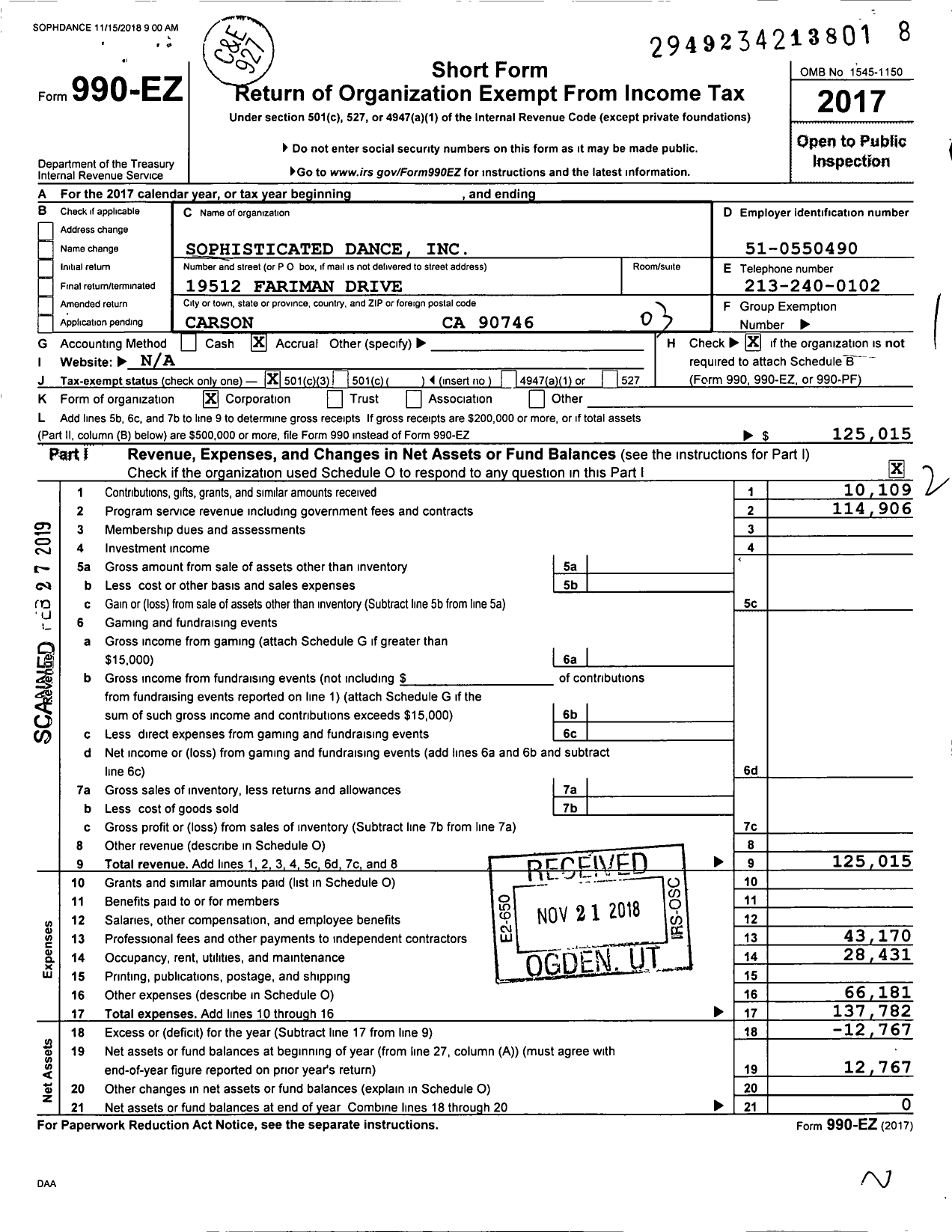 Image of first page of 2017 Form 990EZ for Sophisticated Dance