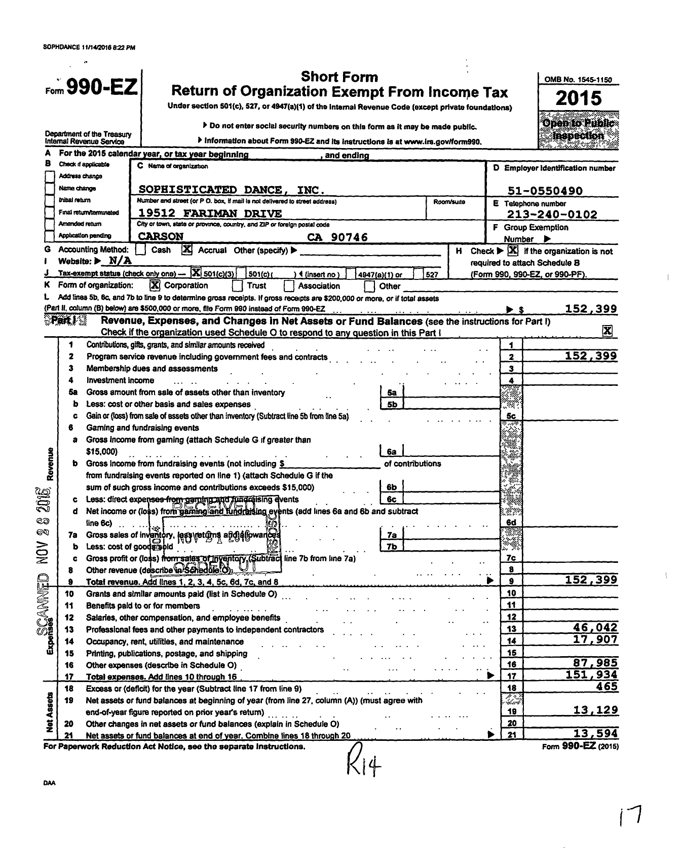 Image of first page of 2015 Form 990EZ for Sophisticated Dance