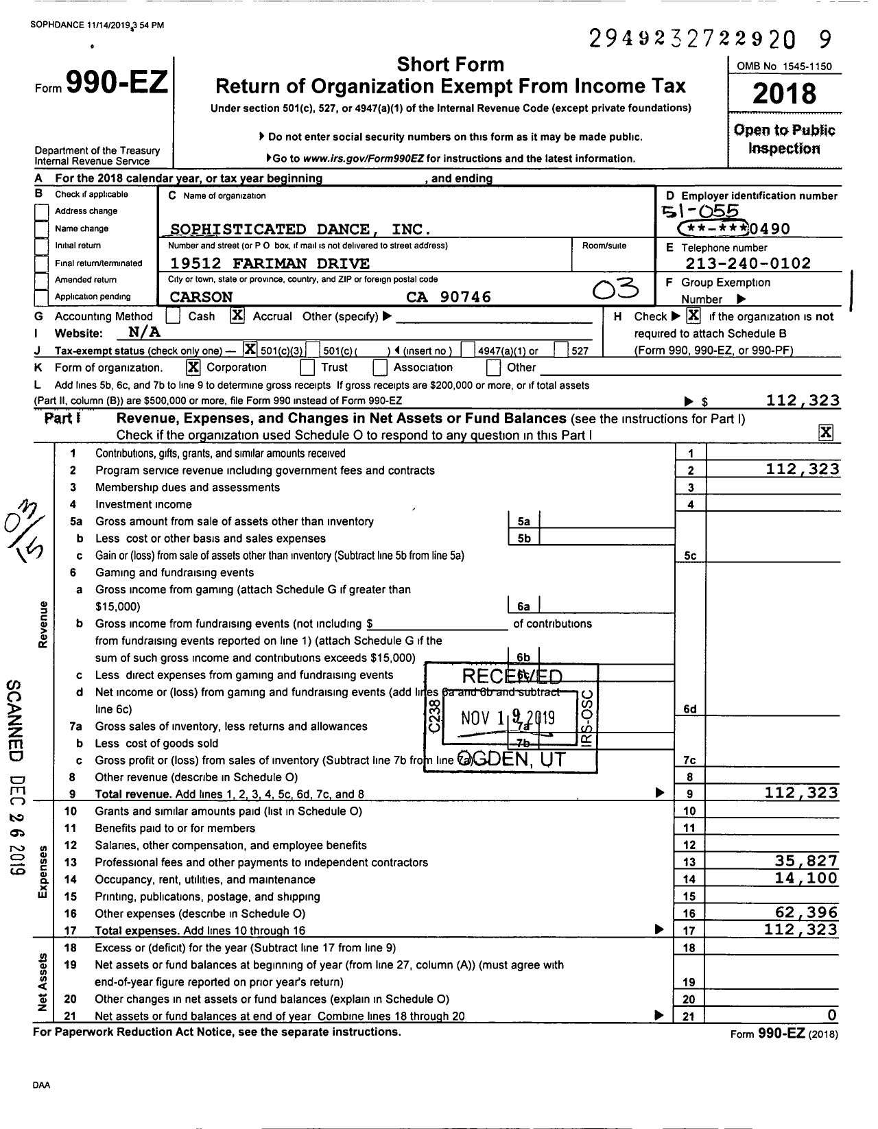 Image of first page of 2018 Form 990EZ for Sophisticated Dance