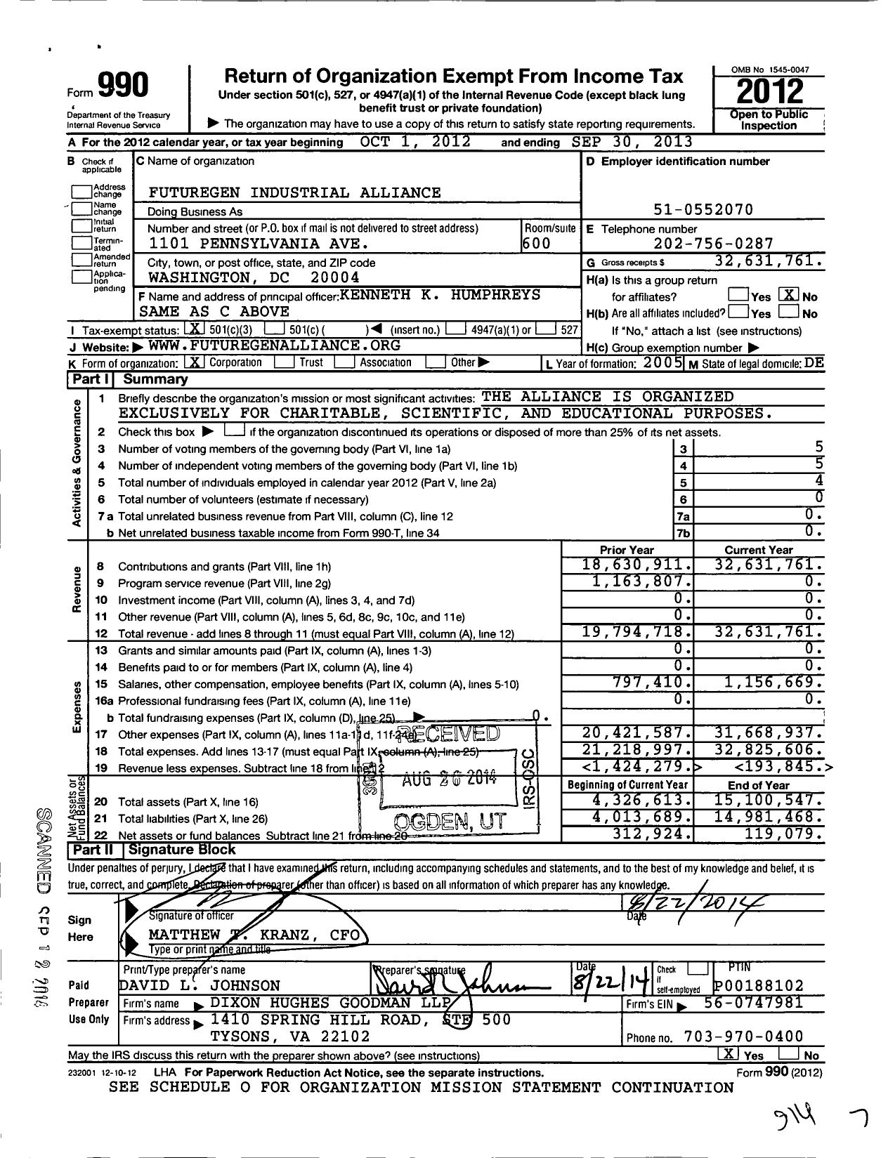 Image of first page of 2012 Form 990 for Futuregen Industrial Alliance